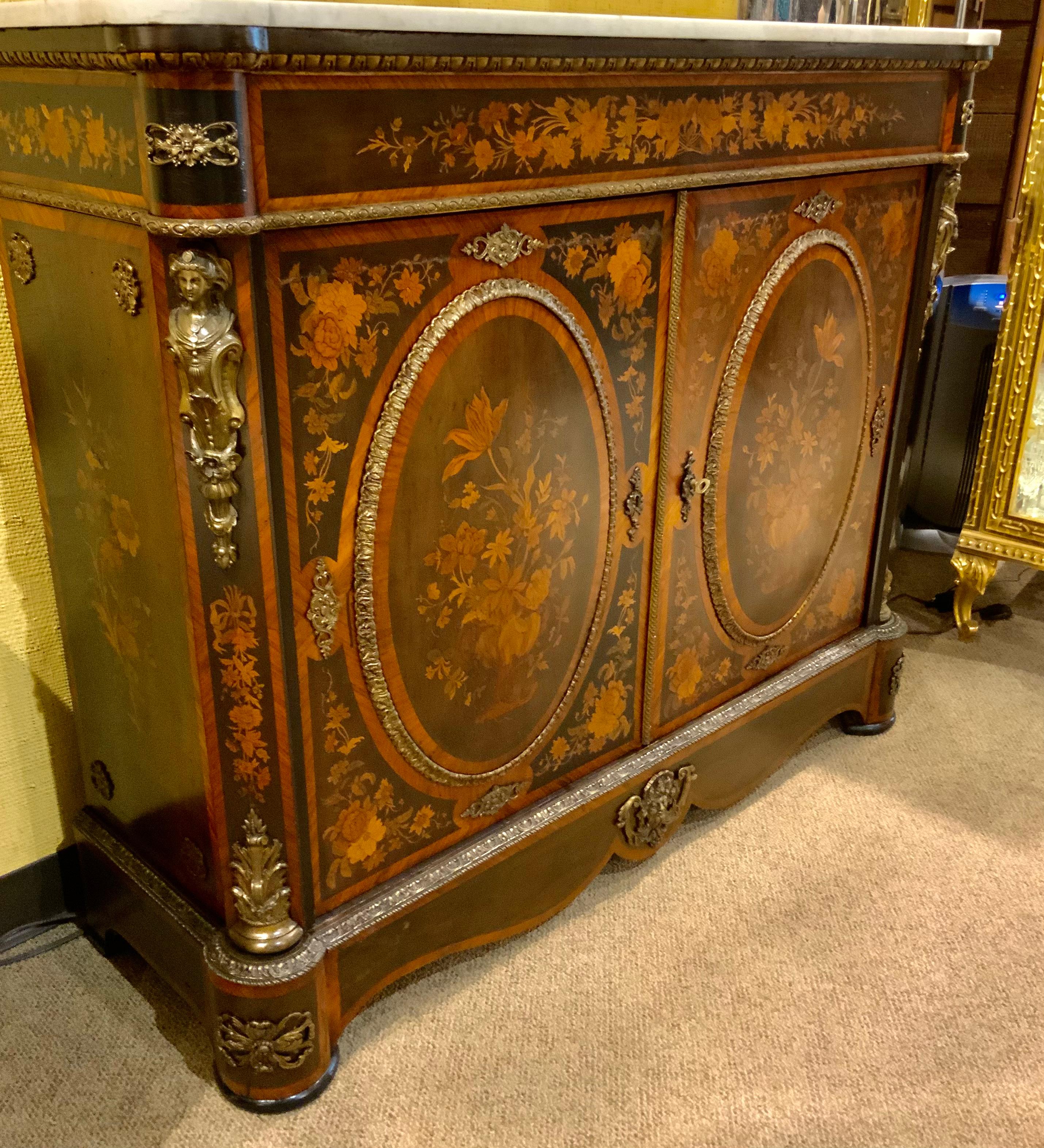 19th Century French Cabinet with White Marble Too and Marquetry 