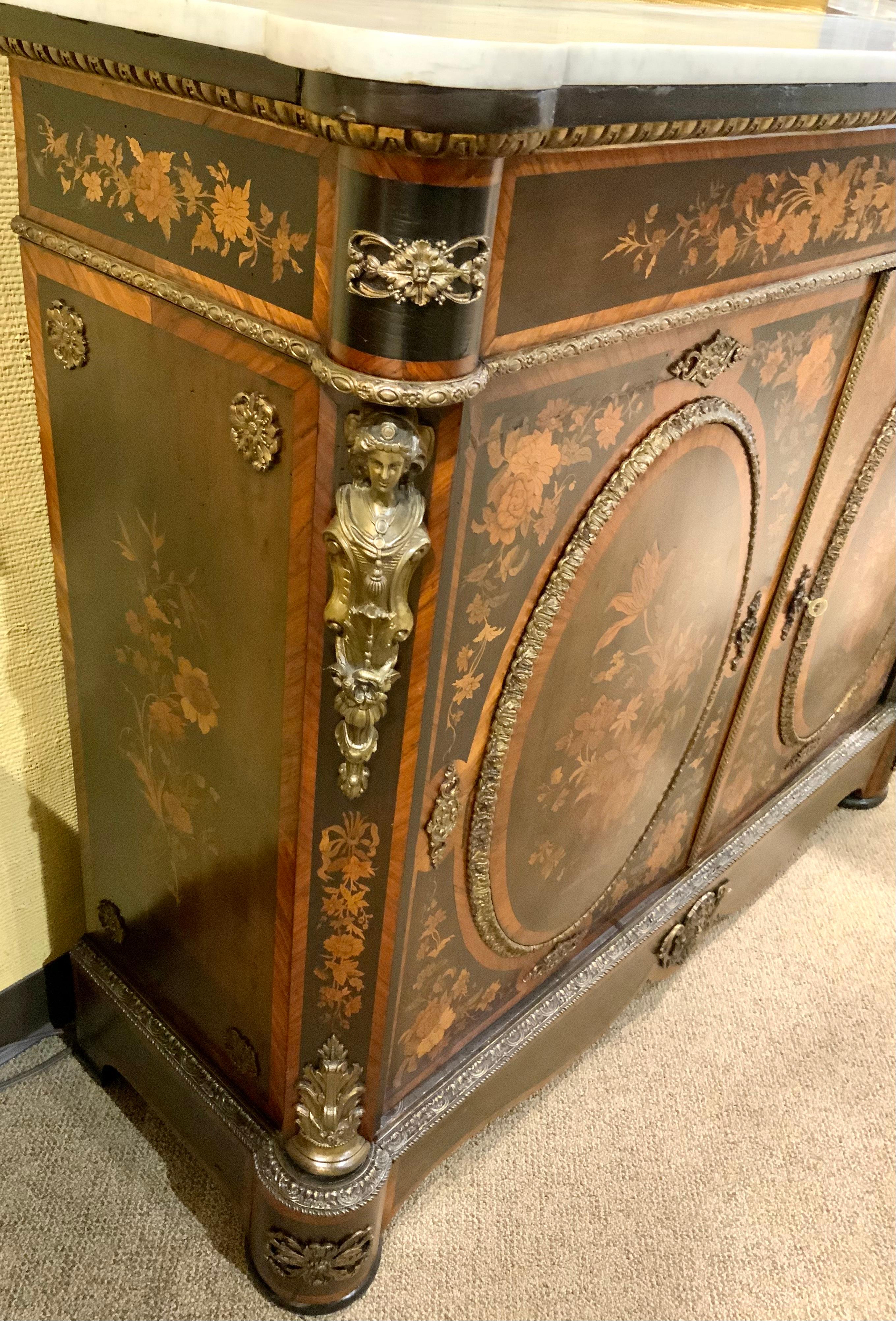French Cabinet with White Marble Too and Marquetry  1