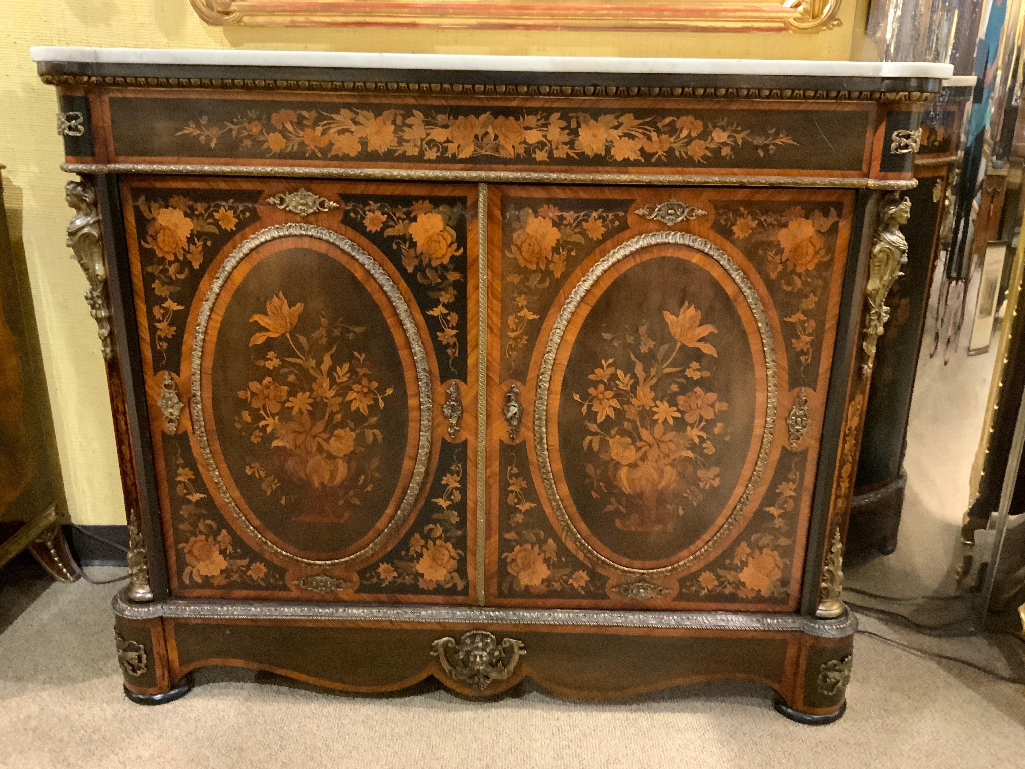 French Cabinet with White Marble Too and Marquetry  3