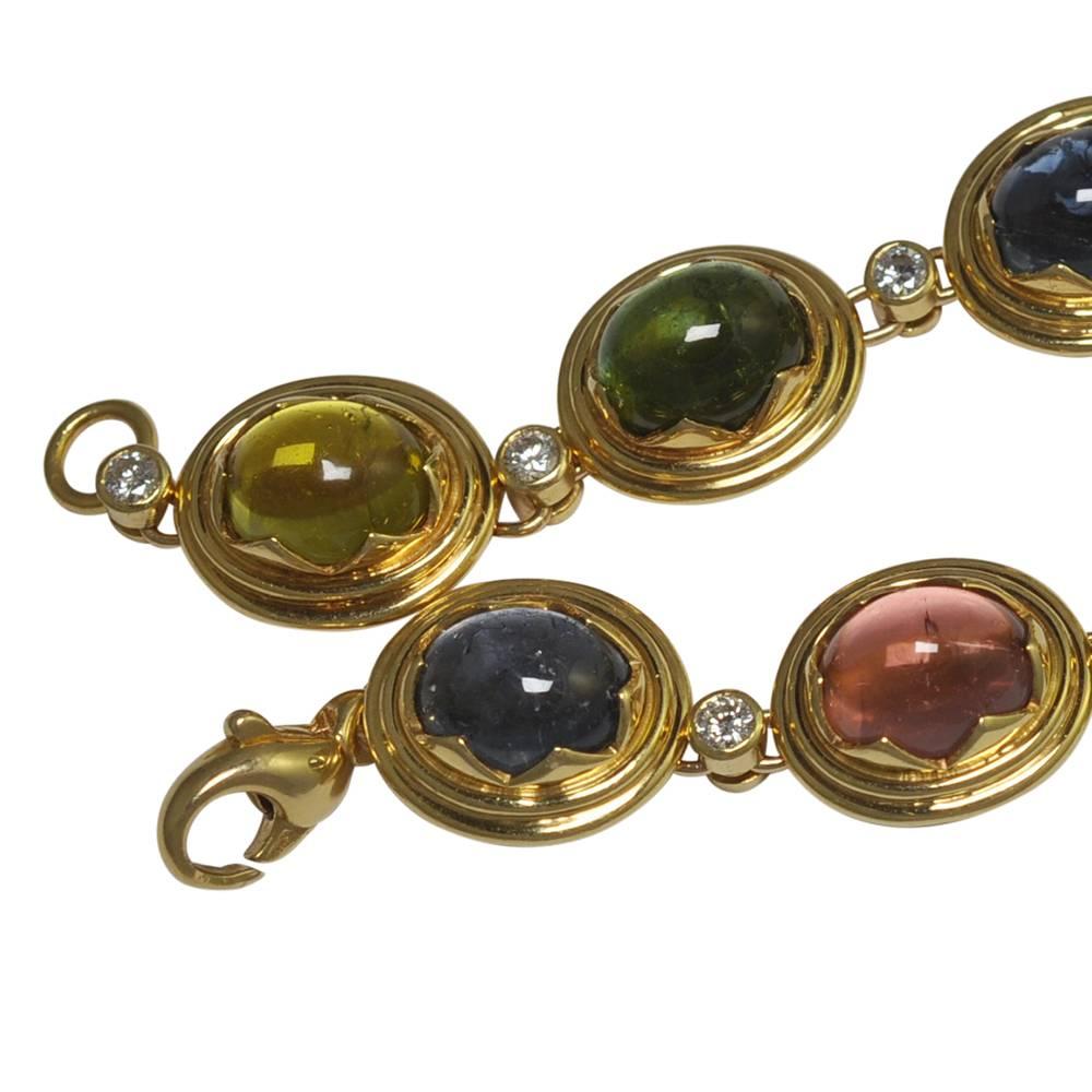 Modern French Cabochon Tourmaline Diamond 18 Carat Gold Bracelet Circa 1970  For Sale