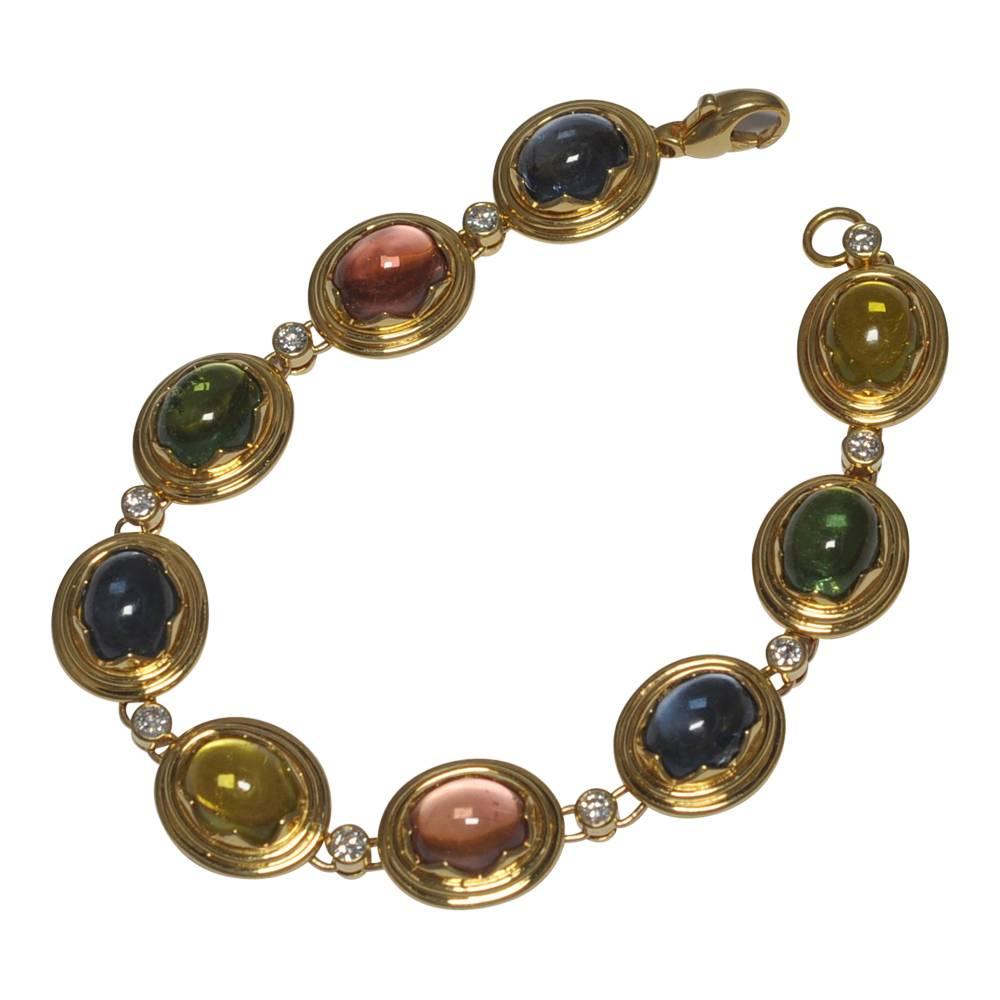 French Cabochon Tourmaline Diamond 18 Carat Gold Bracelet Circa 1970  For Sale