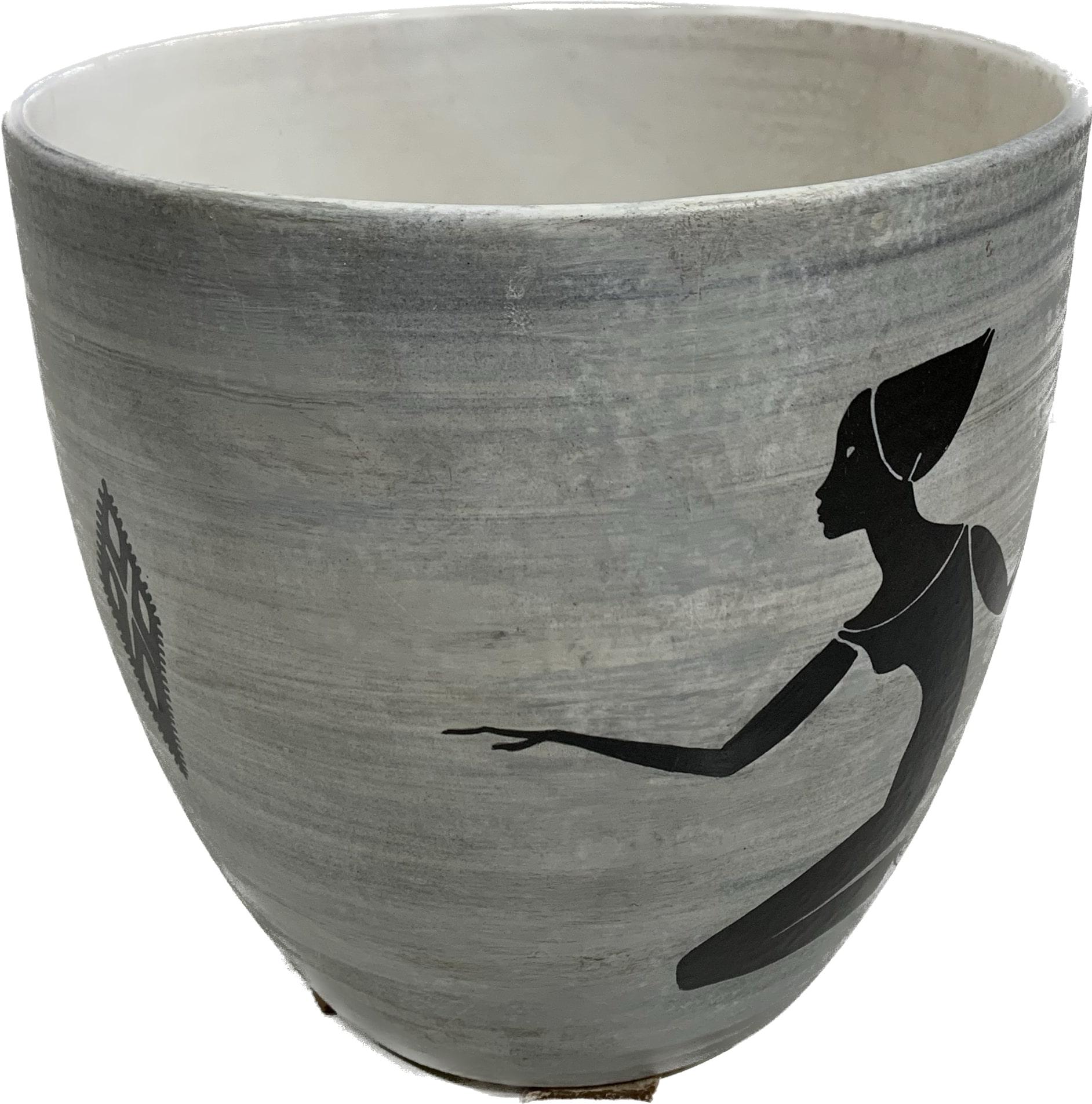 Beautiful “Cache-pot” or flowerpot in grès céramique with matte finish fabricated in Sèvres, France around 1930s. The material is typical from the Midcentury and the colour is of various grays. There is an ancient figurine as well as other little