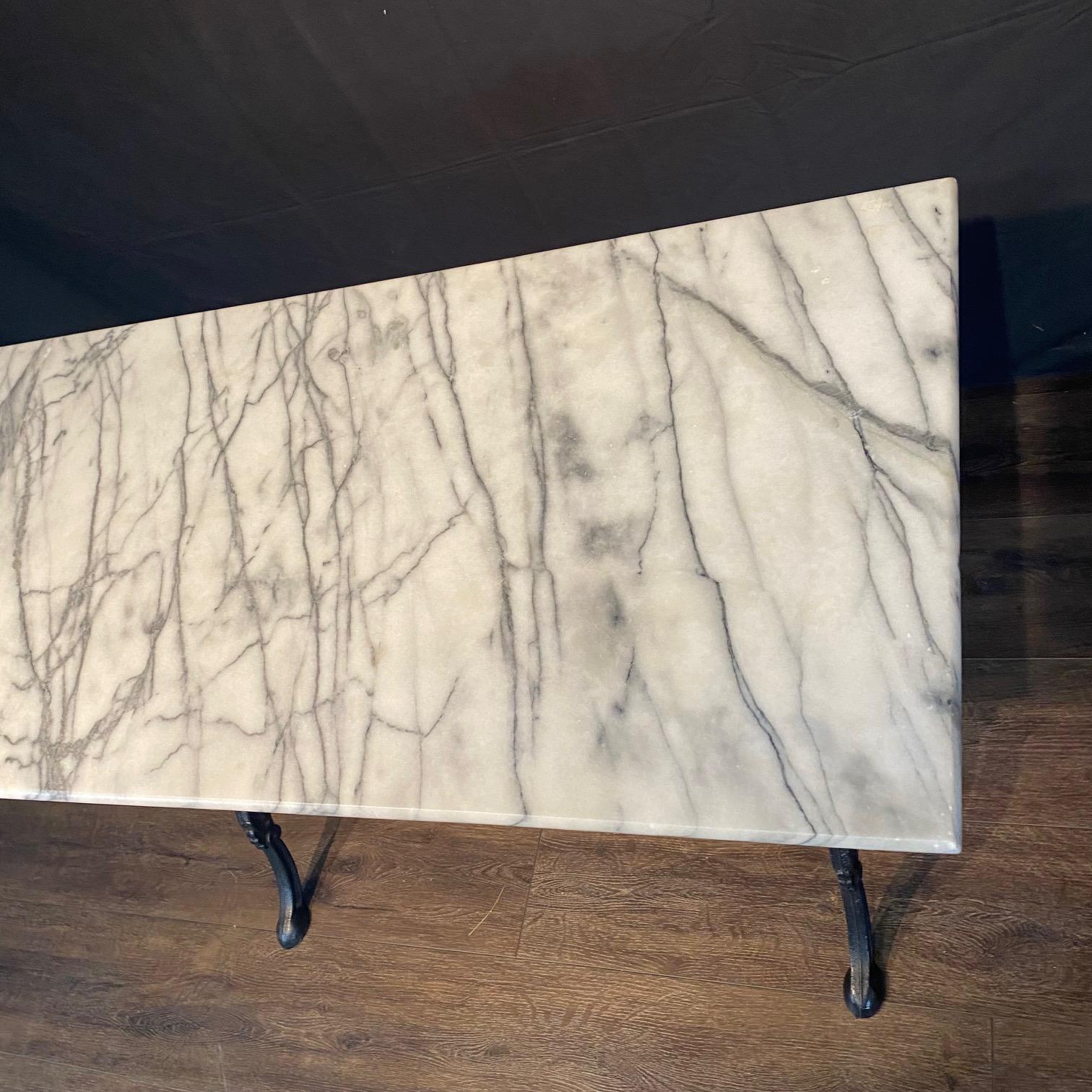 French Provincial French Cafe Table or Bistro Table with Cast Iron Base and Carrera Marble Top For Sale