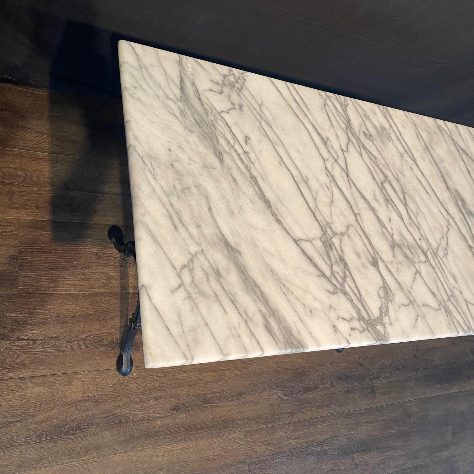 French Cafe Table or Bistro Table with Cast Iron Base and Carrera Marble Top In Good Condition For Sale In Hopewell, NJ