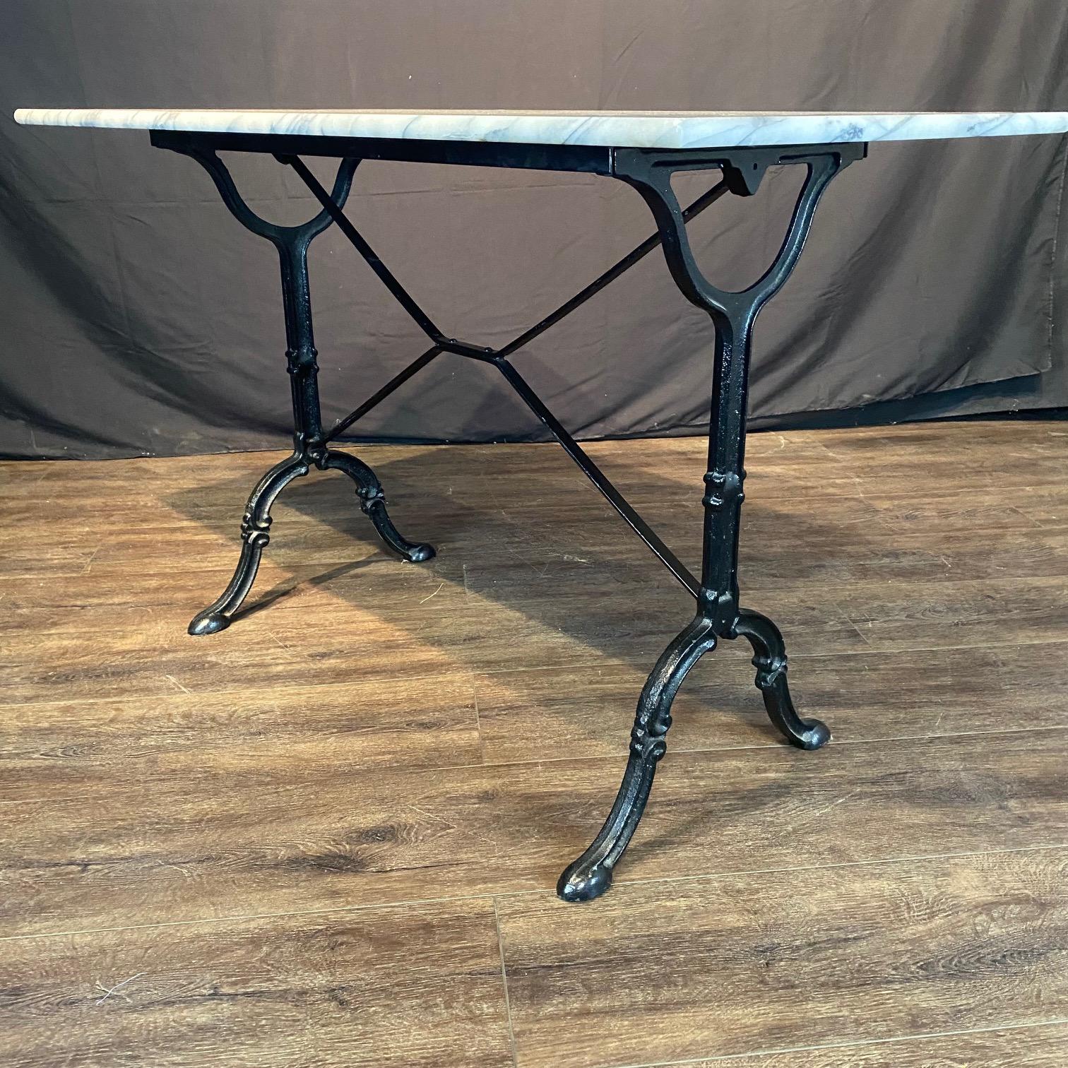 French Cafe Table or Bistro Table with Cast Iron Base and Carrera Marble Top For Sale 2