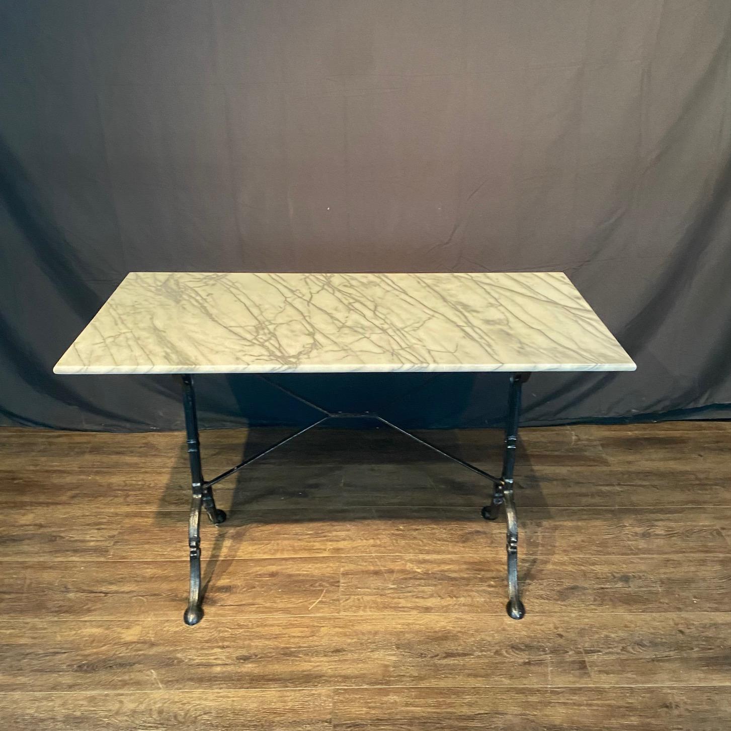 French Cafe Table or Bistro Table with Cast Iron Base and Carrera Marble Top For Sale 4