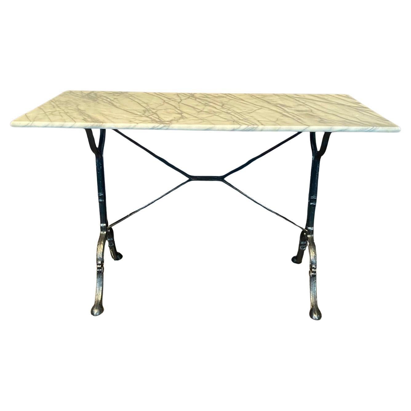 French Cafe Table or Bistro Table with Cast Iron Base and Carrera Marble Top For Sale
