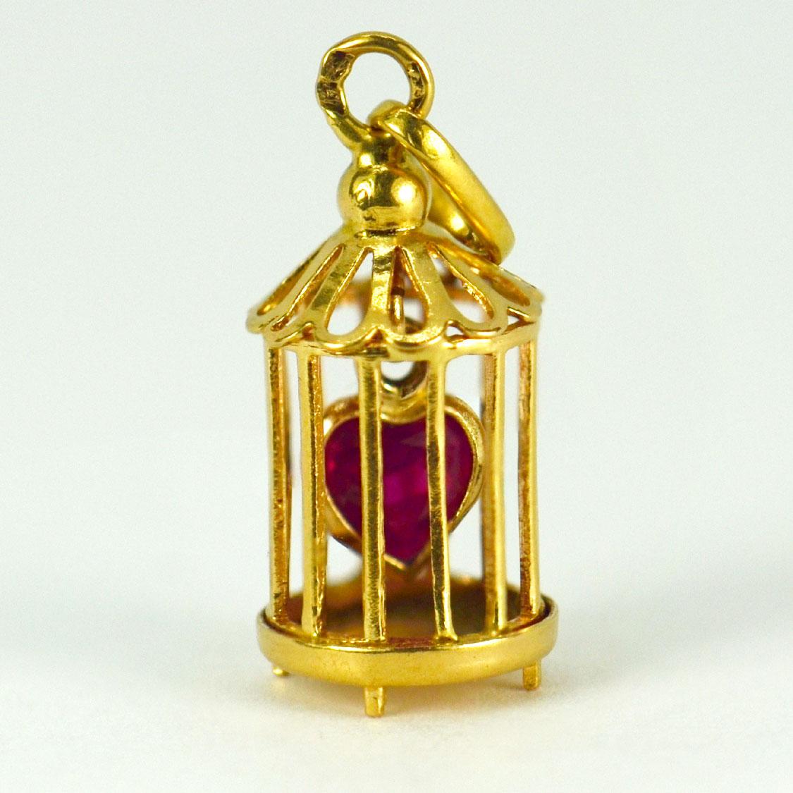 Heart Cut French Caged Ruby Heart 18 Karat Yellow Gold Charm Pendant