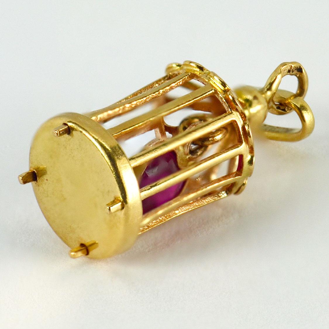 Women's French Caged Ruby Heart 18 Karat Yellow Gold Charm Pendant