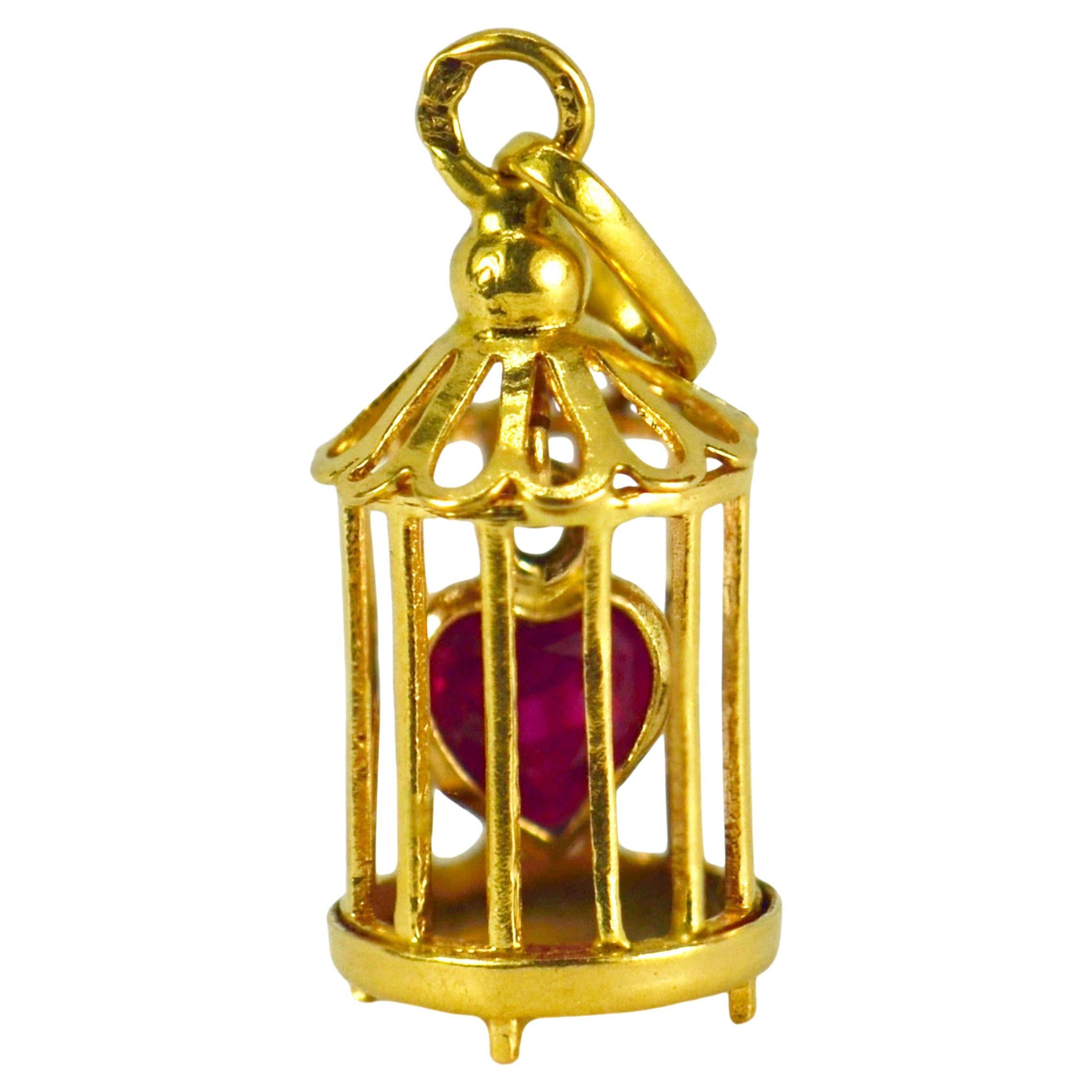 French Caged Ruby Heart 18 Karat Yellow Gold Charm Pendant
