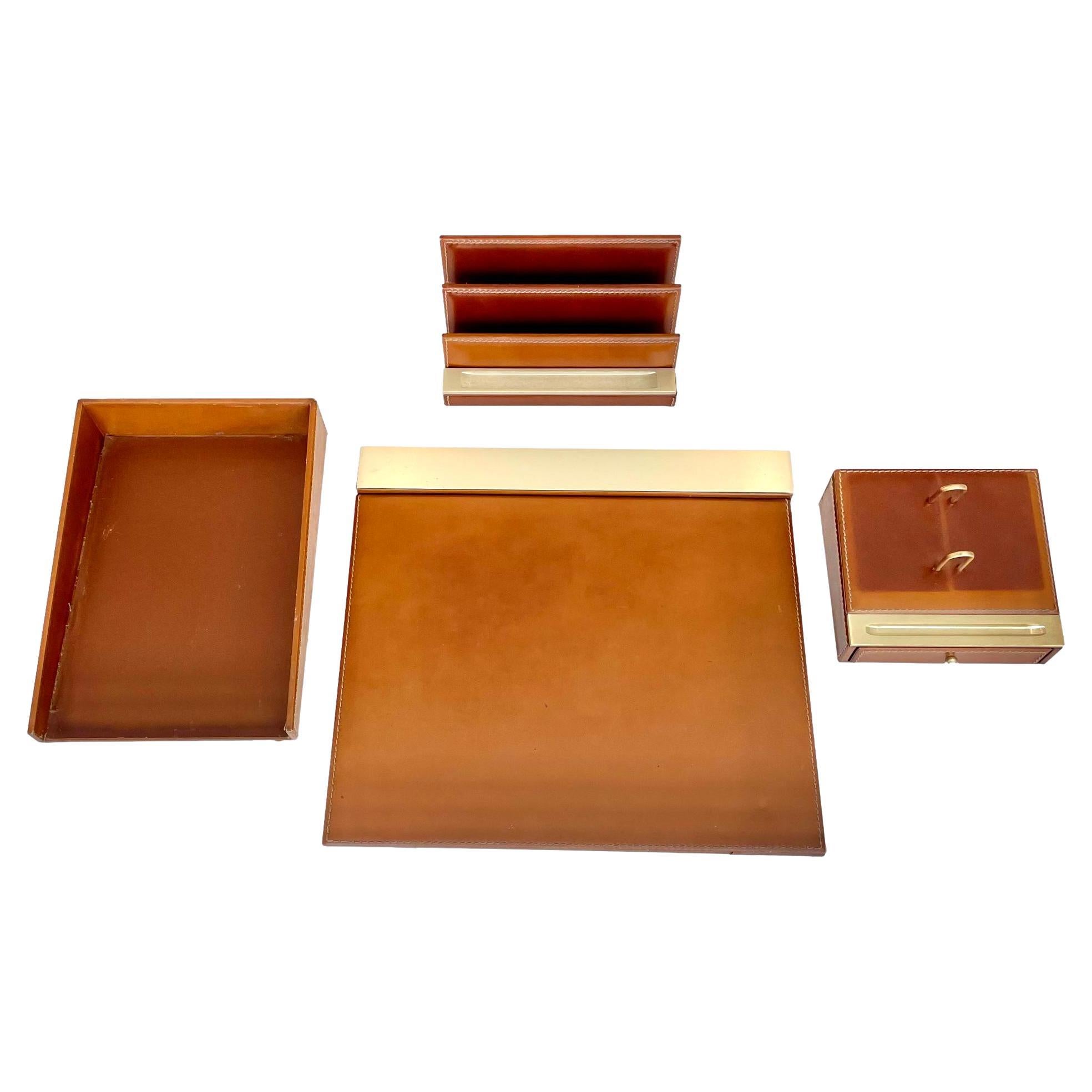 French Camel Leather Desk Set by Le Tanneur