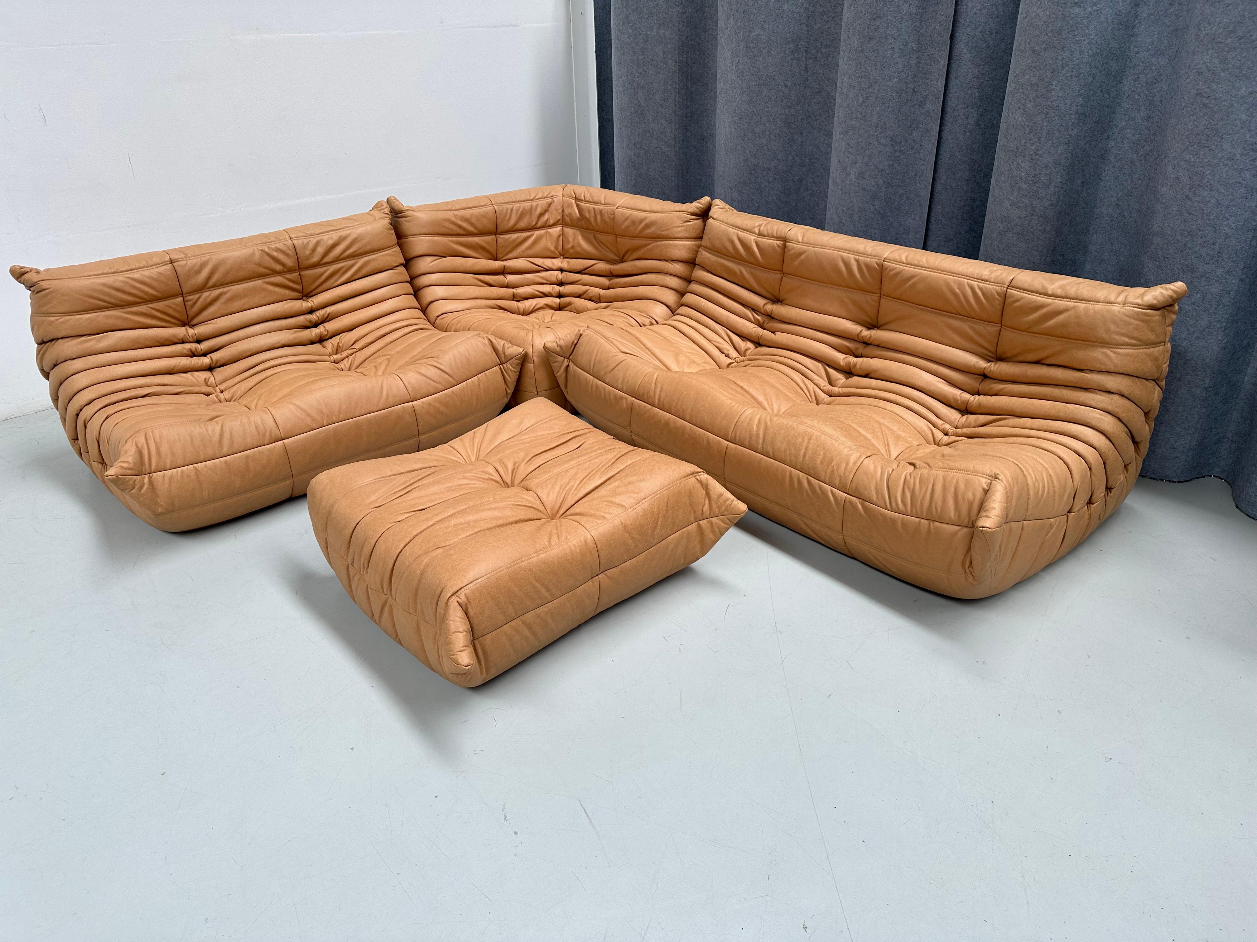 French Camel Leather Togo Living Room Set by Michel Ducaroy for Ligne Roset. For Sale 8