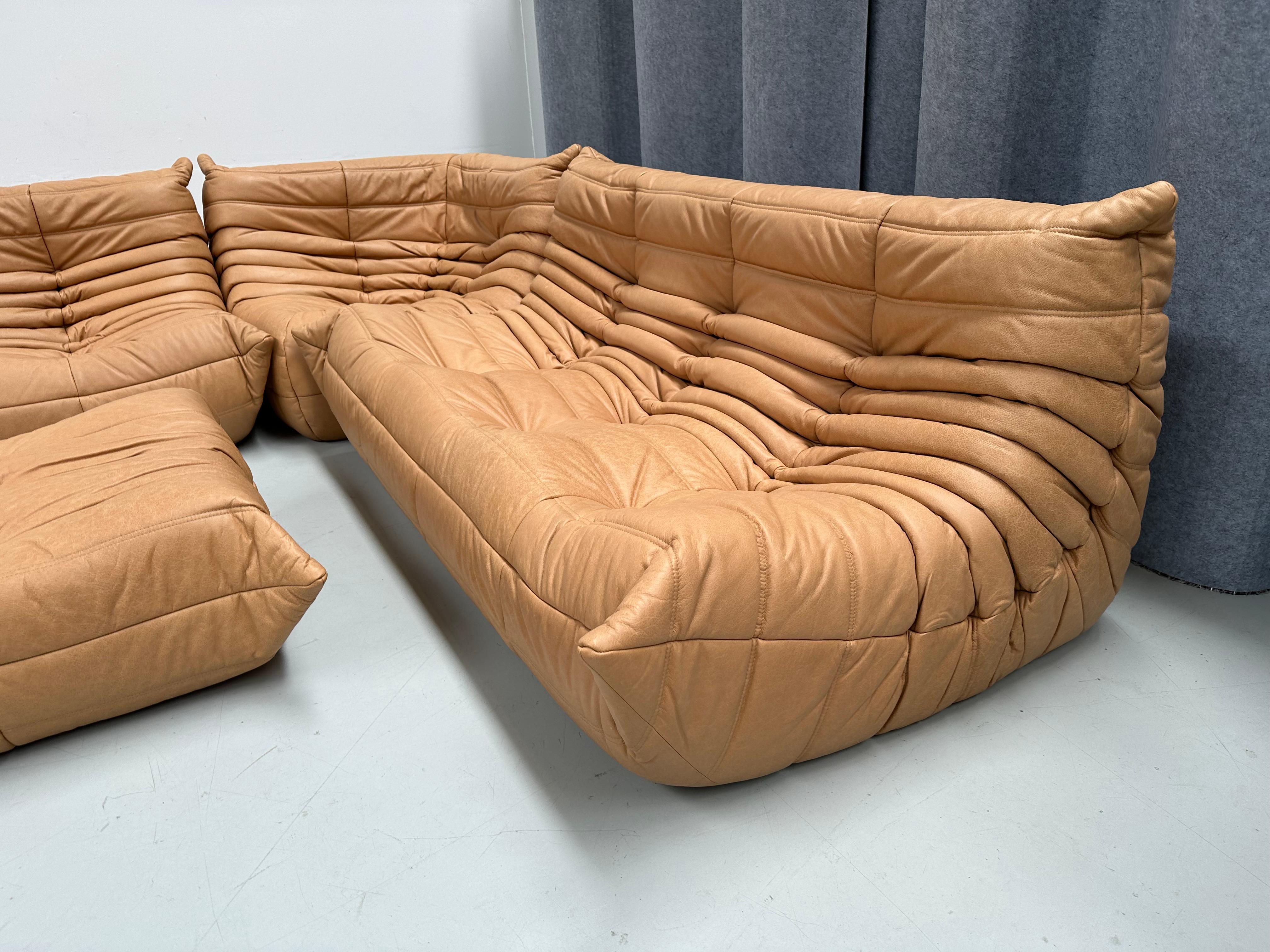 20th Century French Camel Leather Togo Living Room Set by Michel Ducaroy for Ligne Roset. For Sale