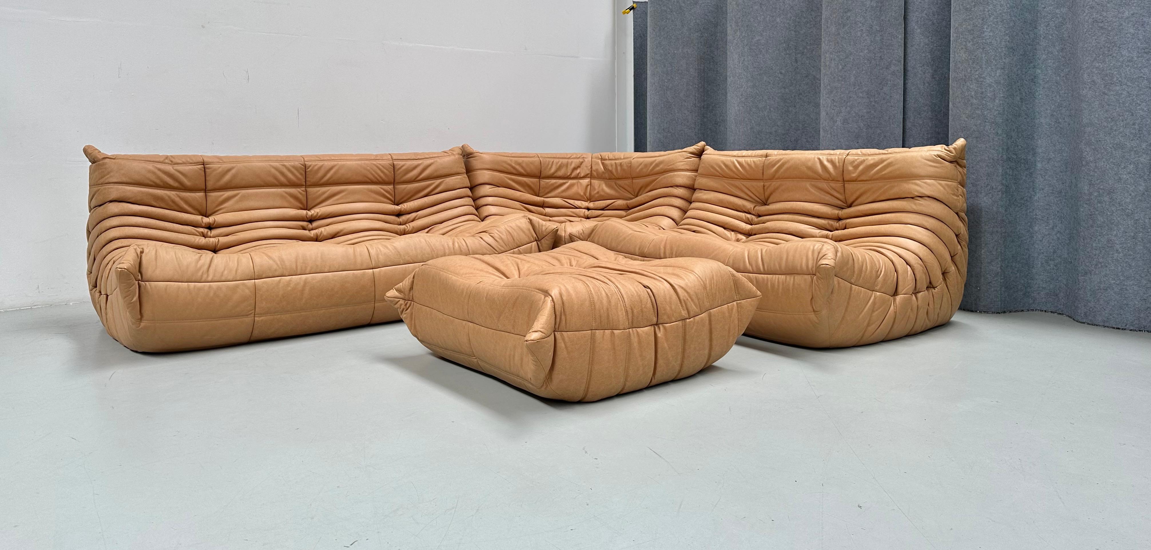 French Camel Leather Togo Living Room Set by Michel Ducaroy for Ligne Roset. For Sale 1