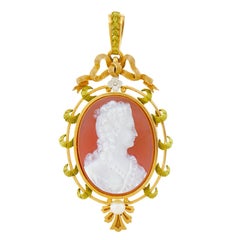 French Cameo and Pearl Set Gold Pendant