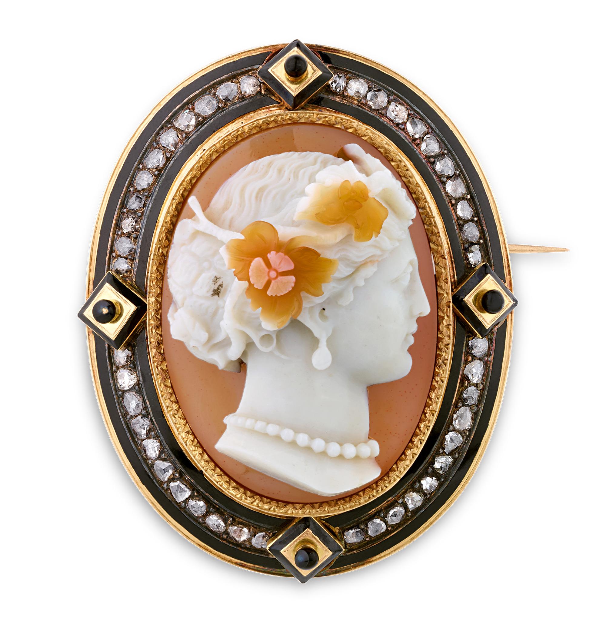 Rose Cut French Cameo Brooch For Sale