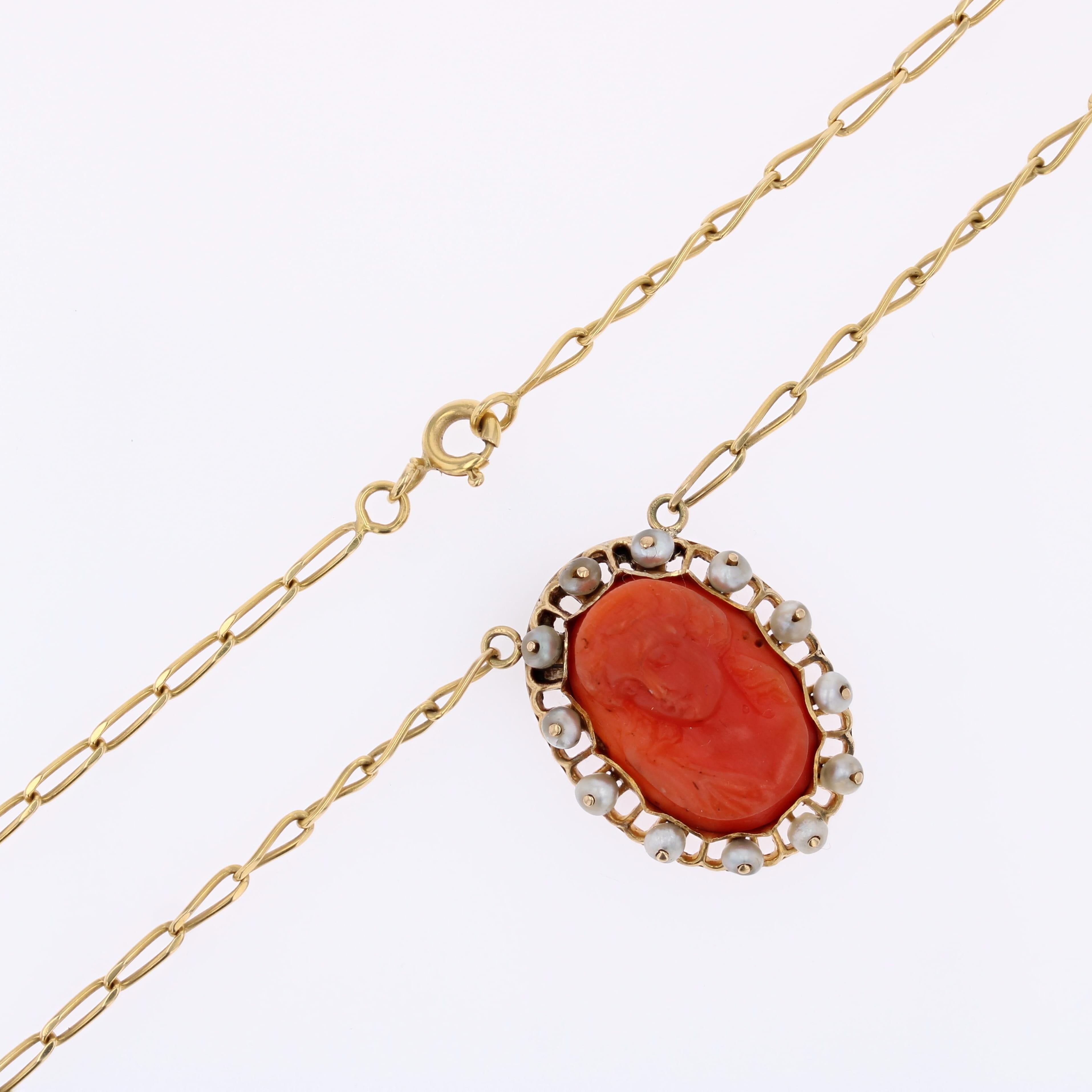 French Cameo Coral Fine Pearls 18 Karat Yellow Gold Pendant Necklace For Sale 7