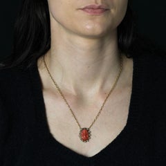 French Cameo Coral Fine Pearls 18 Karat Yellow Gold Pendant Necklace