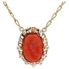 French Cameo Coral Fine Pearls 18 Karat Yellow Gold Pendant Necklace