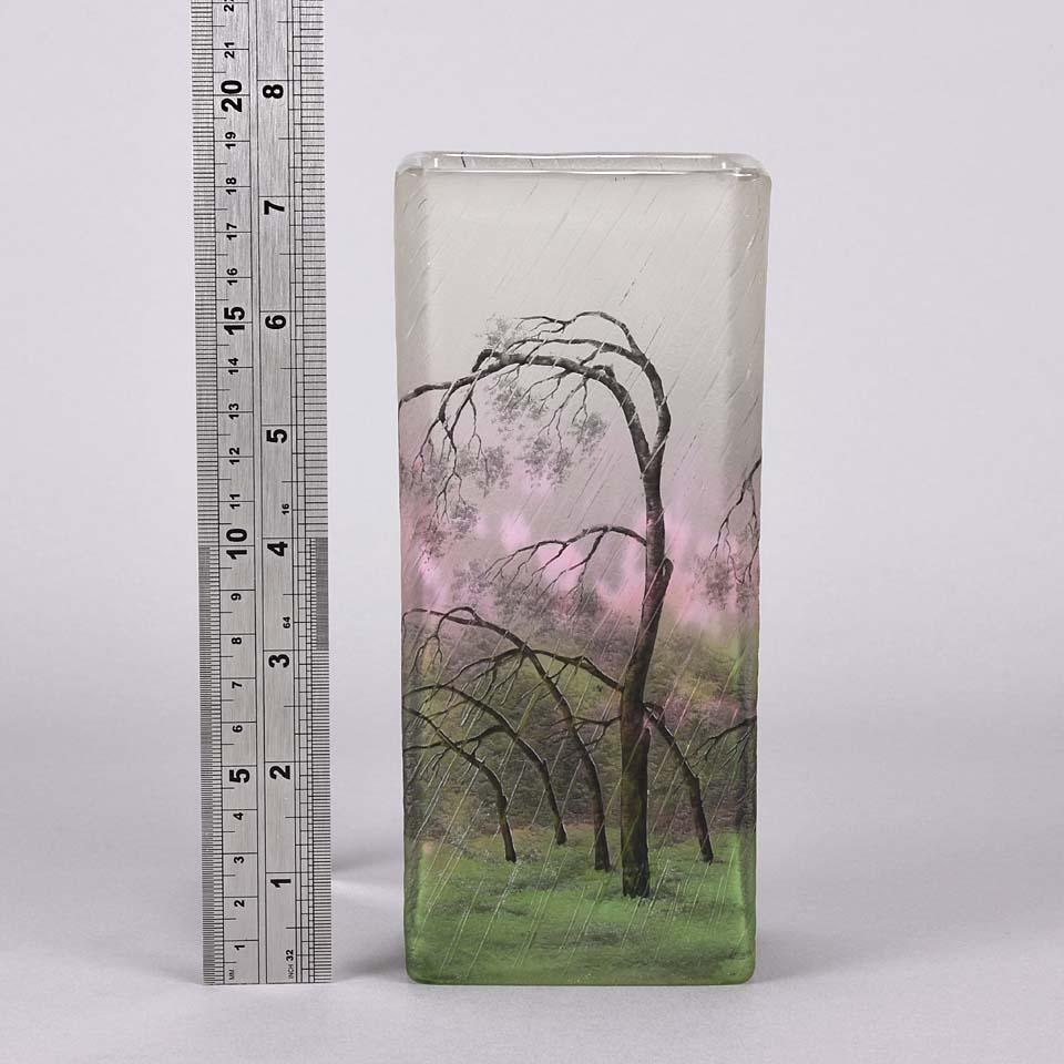 French Cameo Etched & Enameled Glass Vase 'Paysage de Pluie' by Daum Freres 5