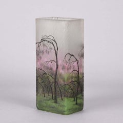 French Cameo Etched & Enameled Glass Vase 'Paysage de Pluie' by Daum Freres