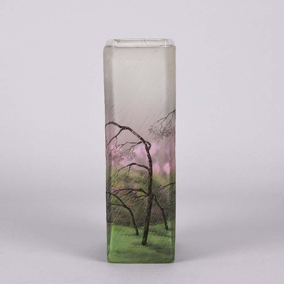 Art Nouveau French Cameo Etched & Enameled Glass Vase 'Paysage de Pluie' by Daum Freres
