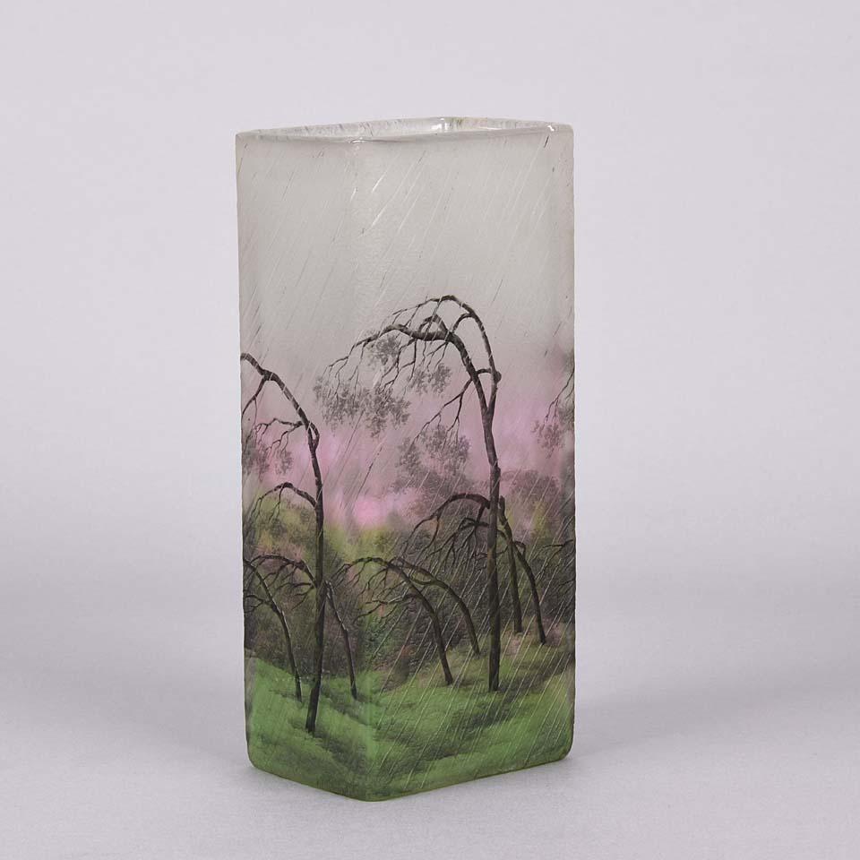 French Cameo Etched & Enameled Glass Vase 'Paysage de Pluie' by Daum Freres In Excellent Condition In London, GB