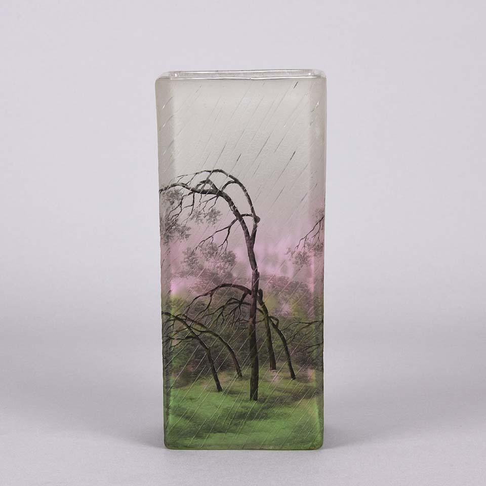 20th Century French Cameo Etched & Enameled Glass Vase 'Paysage de Pluie' by Daum Freres