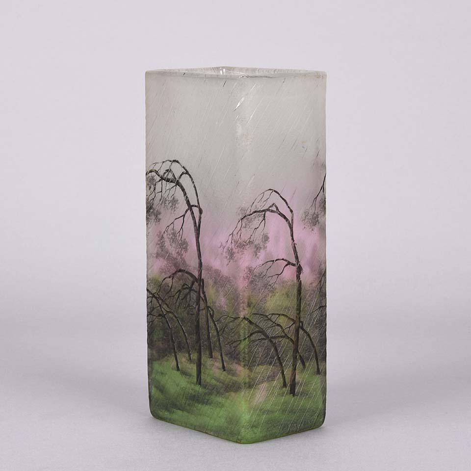 Cut Glass French Cameo Etched & Enameled Glass Vase 'Paysage de Pluie' by Daum Freres