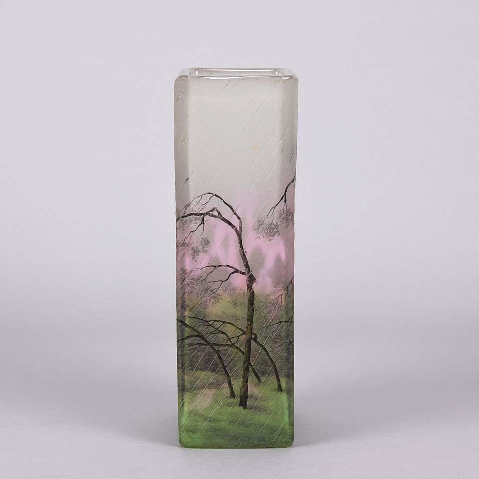 French Cameo Etched & Enameled Glass Vase 'Paysage de Pluie' by Daum Freres 1