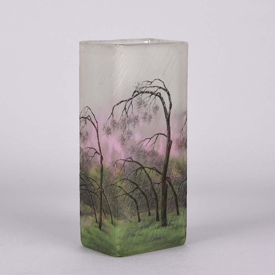 French Cameo Etched & Enameled Glass Vase 'Paysage de Pluie' by Daum Freres 2