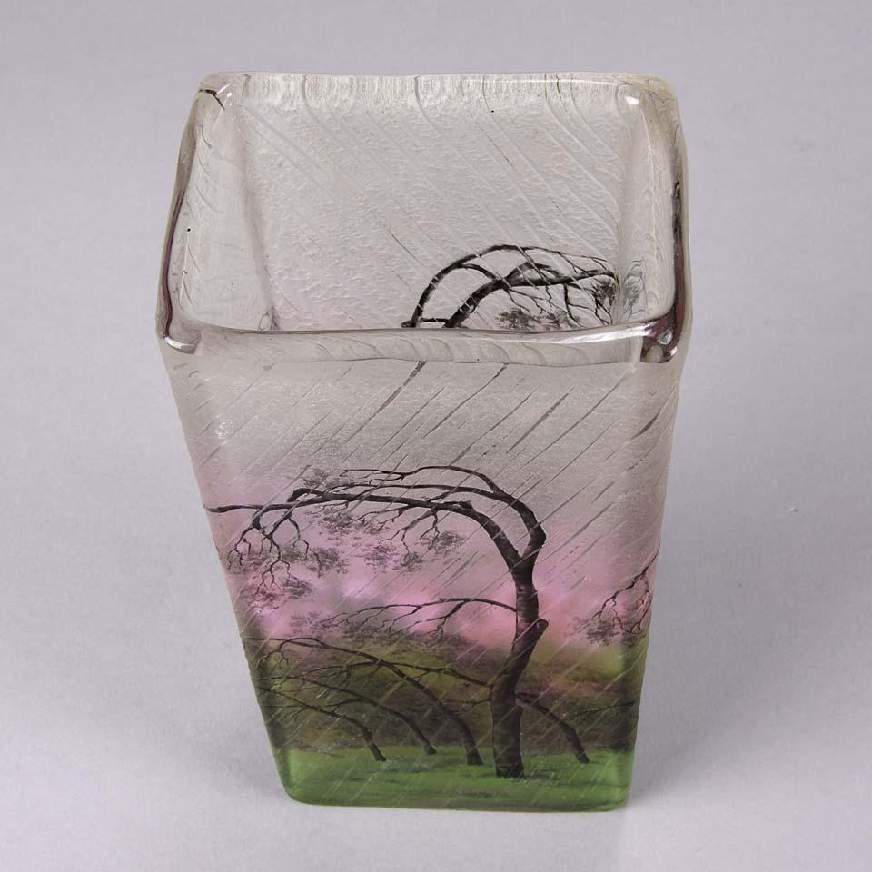 French Cameo Etched & Enameled Glass Vase 'Paysage de Pluie' by Daum Freres 3