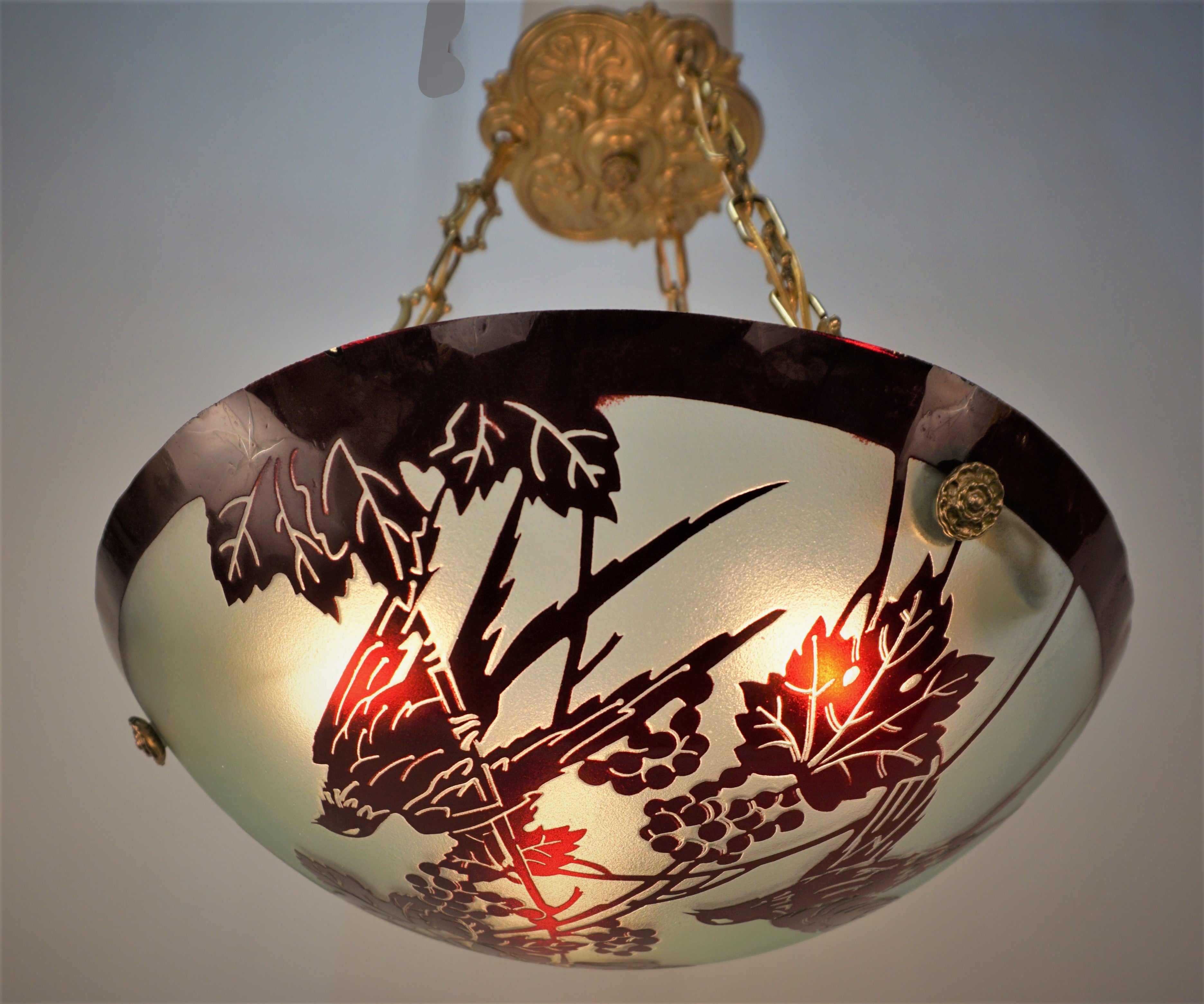 French 1920's cameo glass birds in flying motion chandelier with bronze hardware.