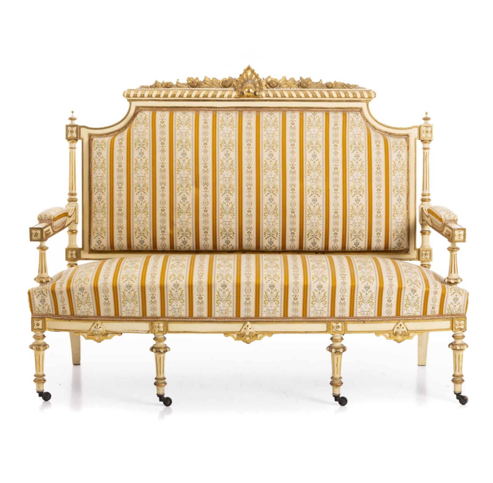 FRENCH CANAPÉ AND PAIR OF CHAIRS STYLE LOUIS XVI 19th Century

Louis XVI style, in carved and gilded wood with plant elements, castors on the front legs, seat and back upholstered in fabric with floral motifs. 19th century.
Dim.:124x165x61cm

Louis