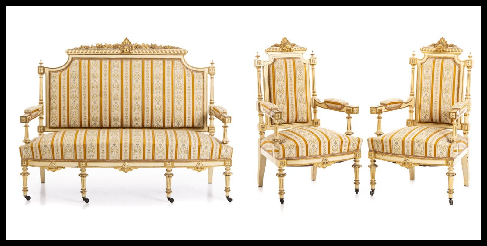FRENCH CANAPÉ AND PAIR OF CHAIRS STYLE LOUIS XVI 19th Century In Good Condition For Sale In Madrid, ES