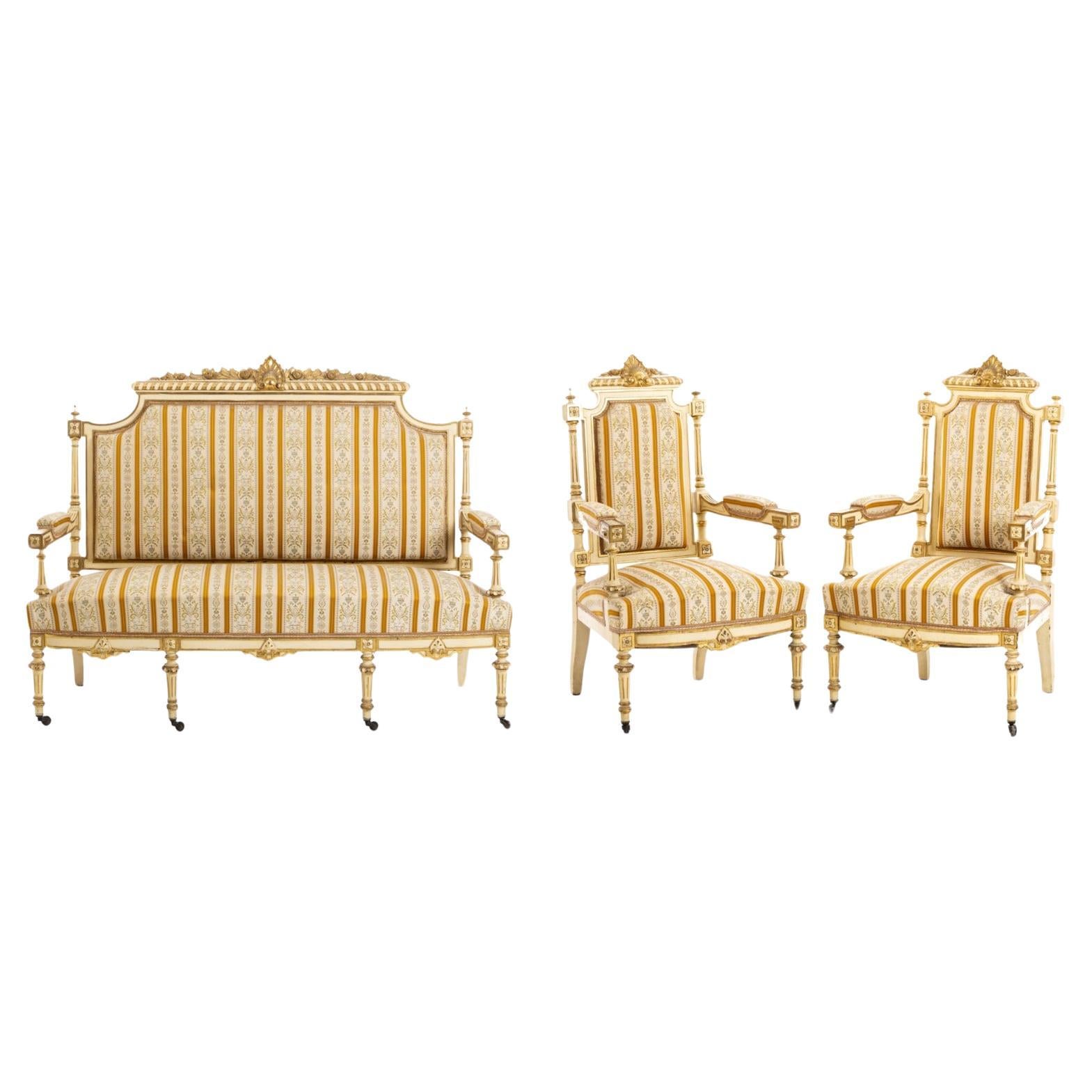 FRENCH CANAPÉ AND PAIR OF CHAIRS STYLE LOUIS XVI 19th Century For Sale