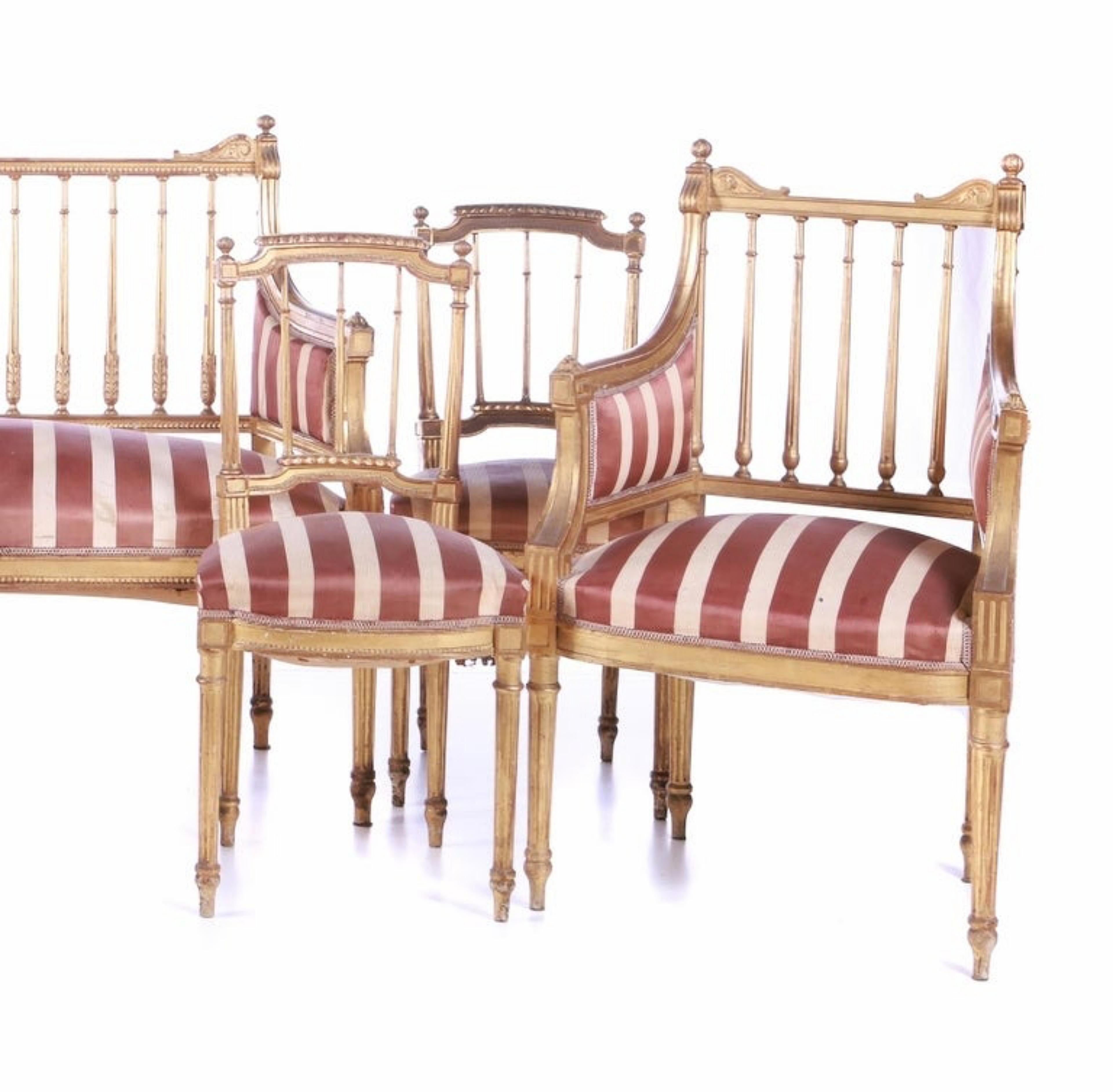 Hand-Crafted French Canape Set, 4 Chairs and 2 Armchairs Late 19th Century Early 20th Century For Sale
