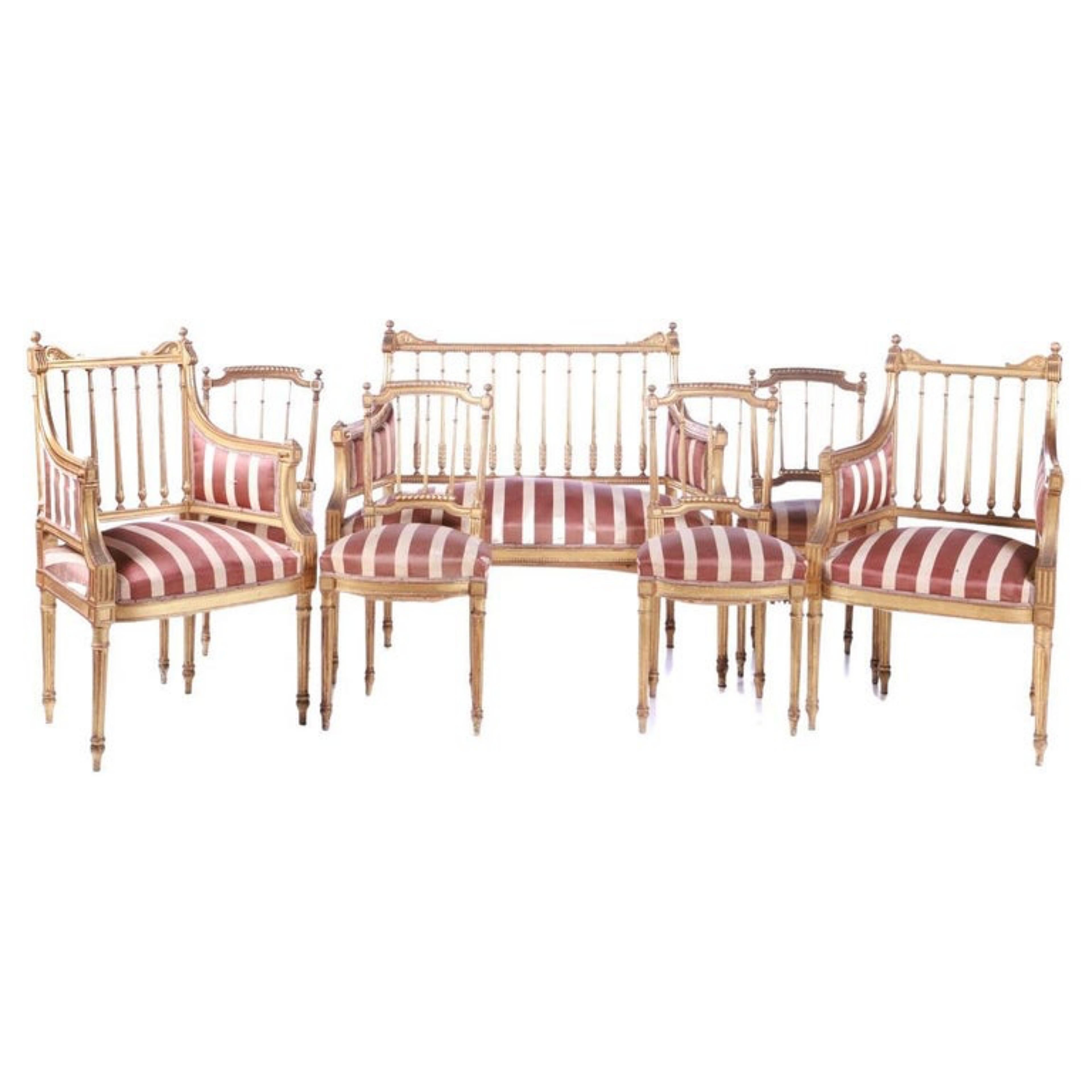 Wood French Canape Set, 4 Chairs and 2 Armchairs Late 19th Century Early 20th Century For Sale