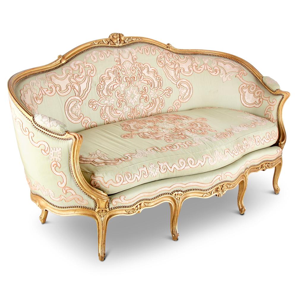 Französisches Canapé-Sofa mit geschnitztem:: vergoldetem Rahmen (Louis XV.)