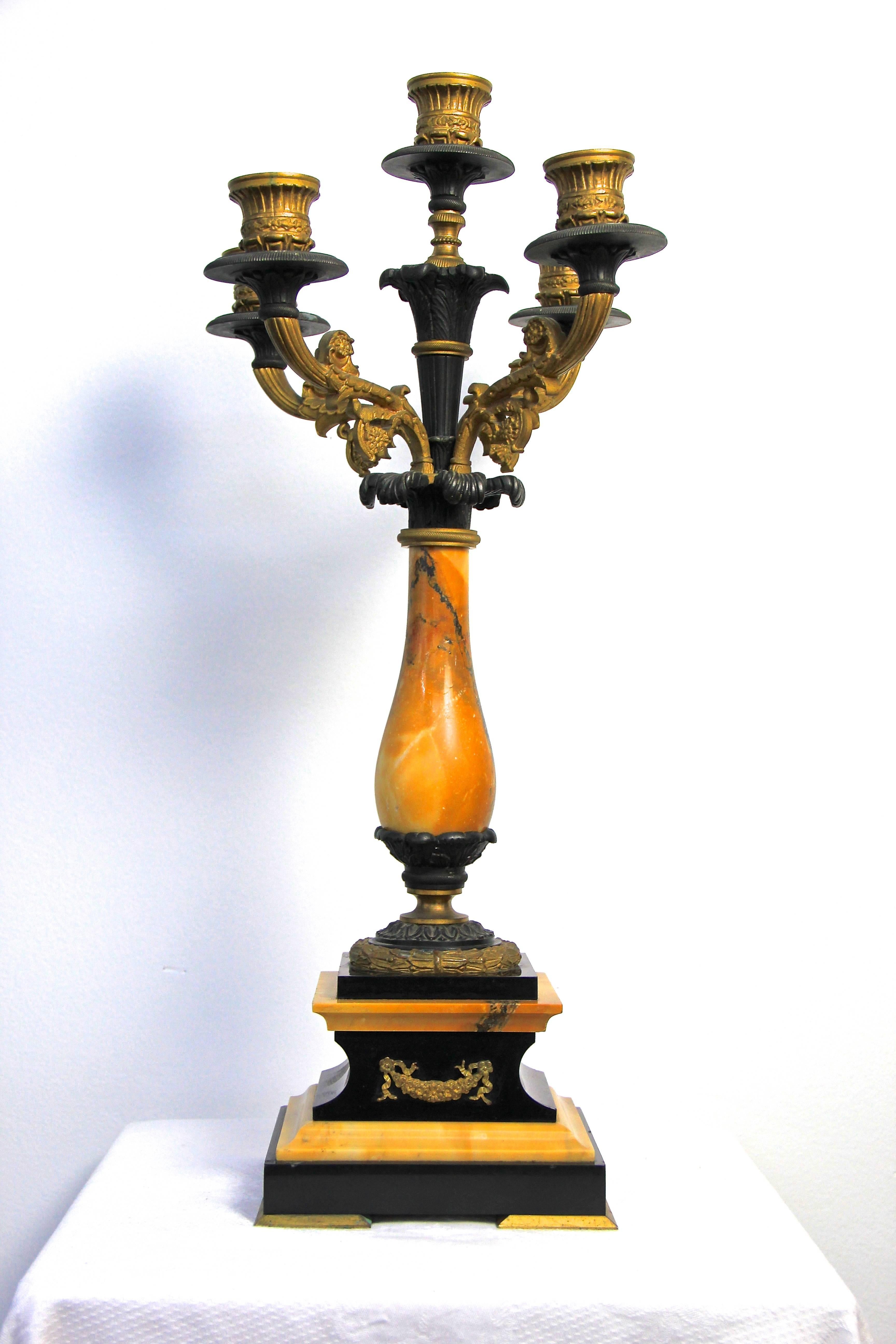 Empire Revival French Candelabra with Black and Yellow Marble Empire Style, France, circa 1850