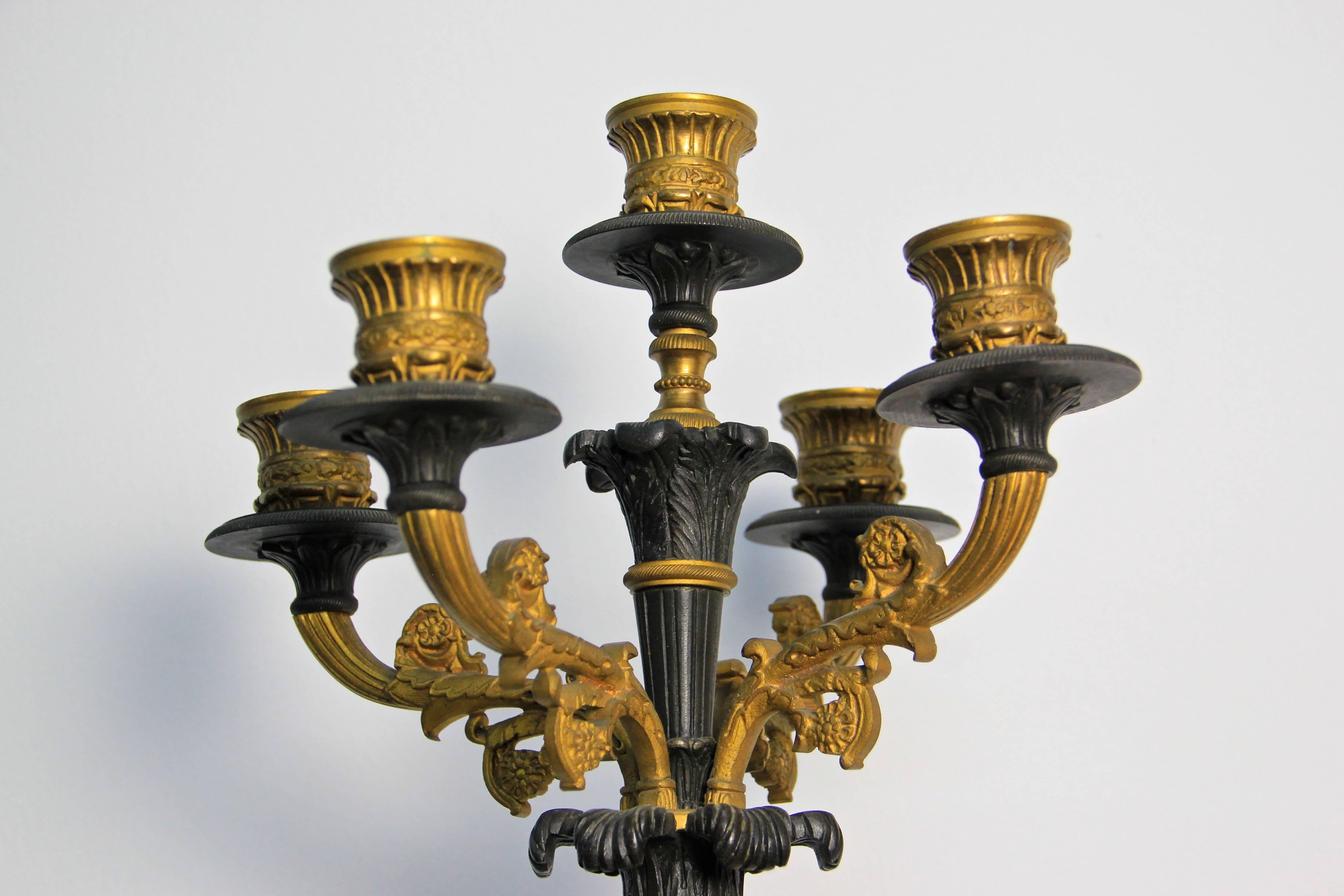 Gilt French Candelabra with Black and Yellow Marble Empire Style, France, circa 1850