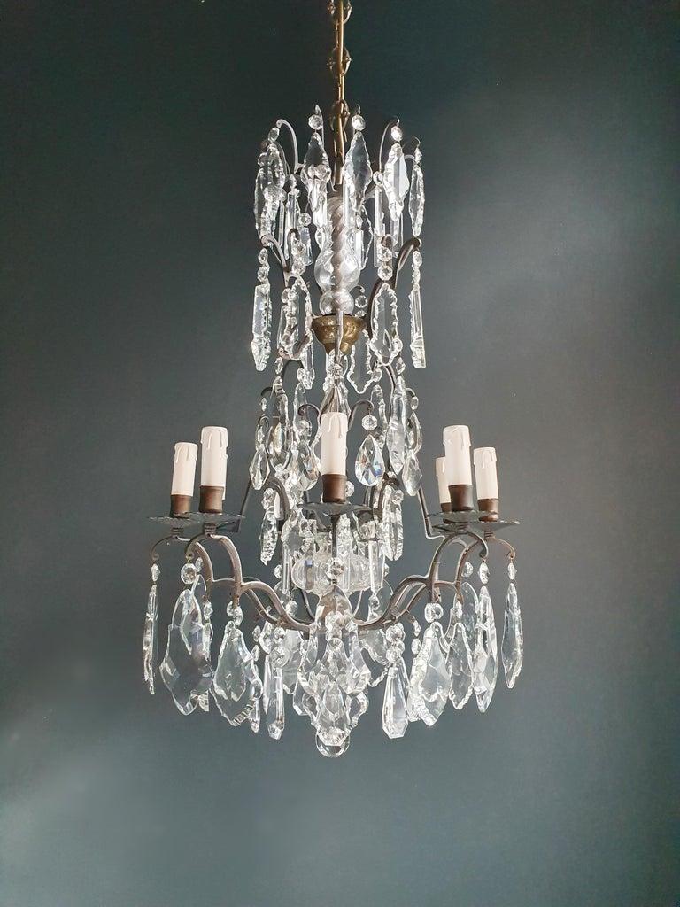 Hand-Knotted French Candelabrum Black Crystal Antique Chandelier Ceiling Lustre Art Nouveau For Sale