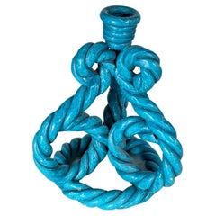 French Candle holder Ceramic France 1970s in twisted ceramic Blue Color