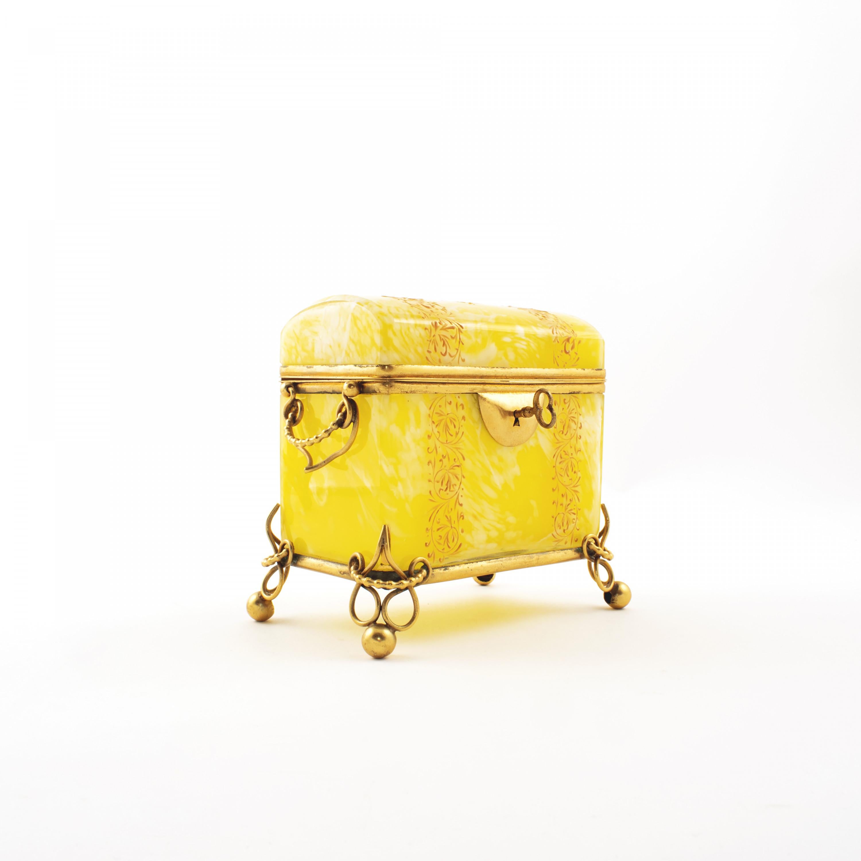 French Art Nouveau opal glass candy box with gilt bronze fittings.
France ca. 1960