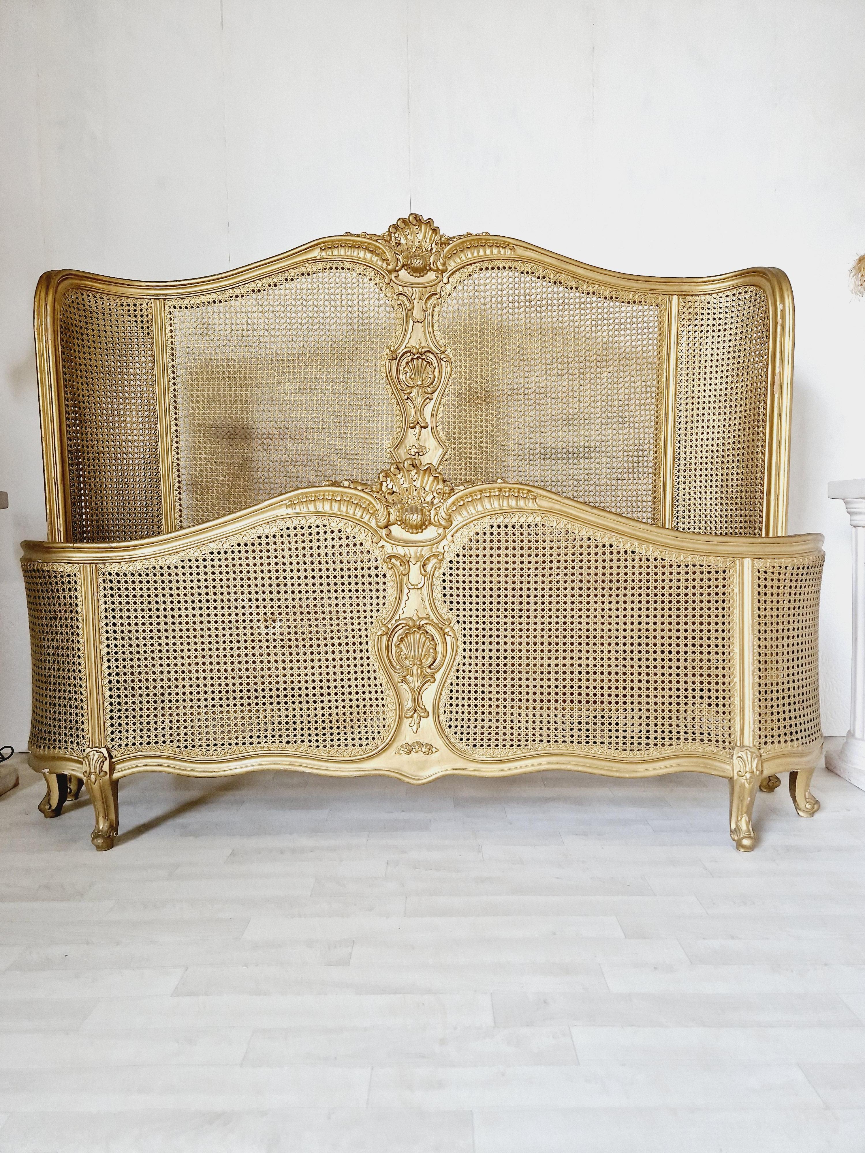 French Cane Bed Louis XV Style in Gold Lacquer For Sale 5