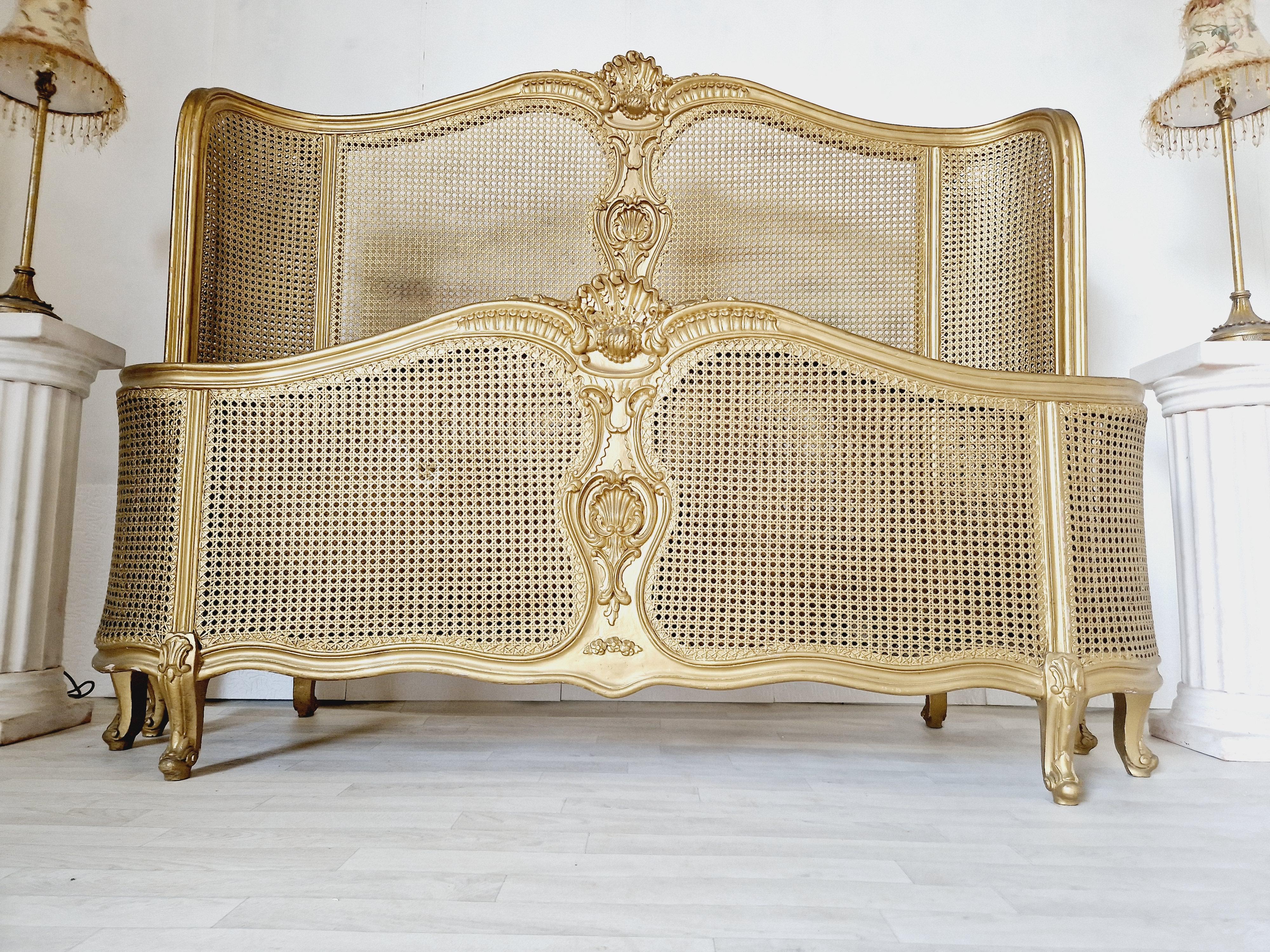 French Cane Bed Louis XV Style in Gold Lacquer For Sale 6