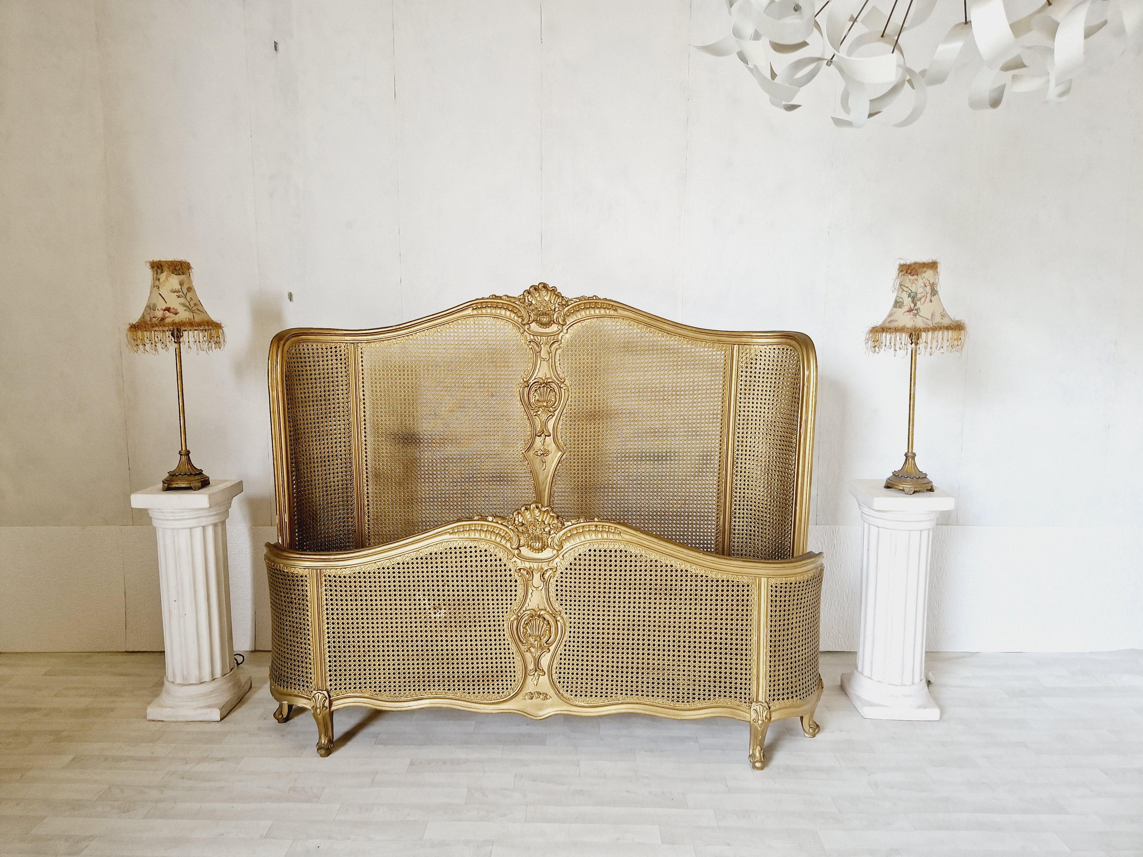 Rococo French Cane Bed Louis XV Style in Gold Lacquer For Sale