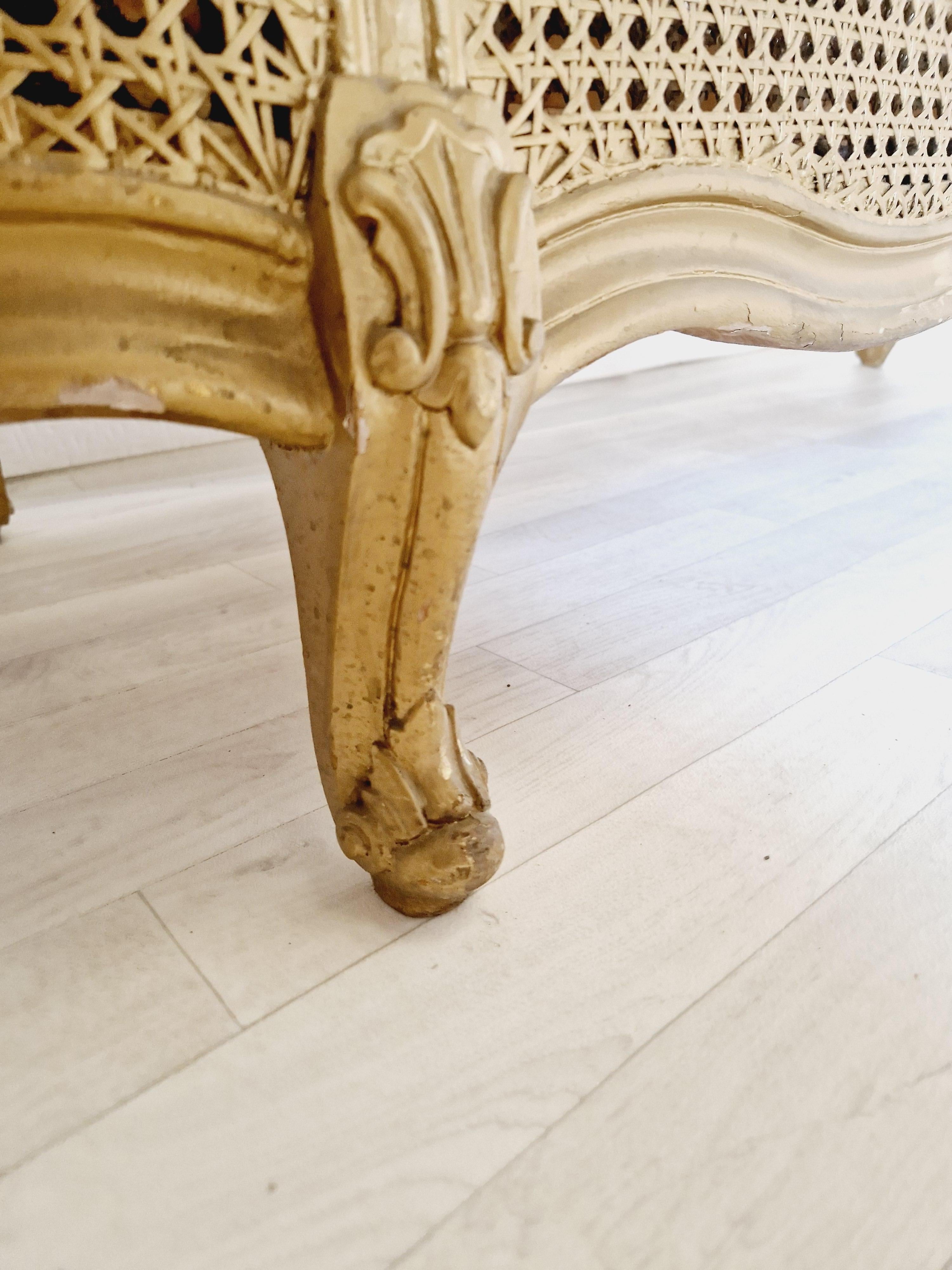 Rococo French Cane Bed Louis XV Style in Gold Lacquer