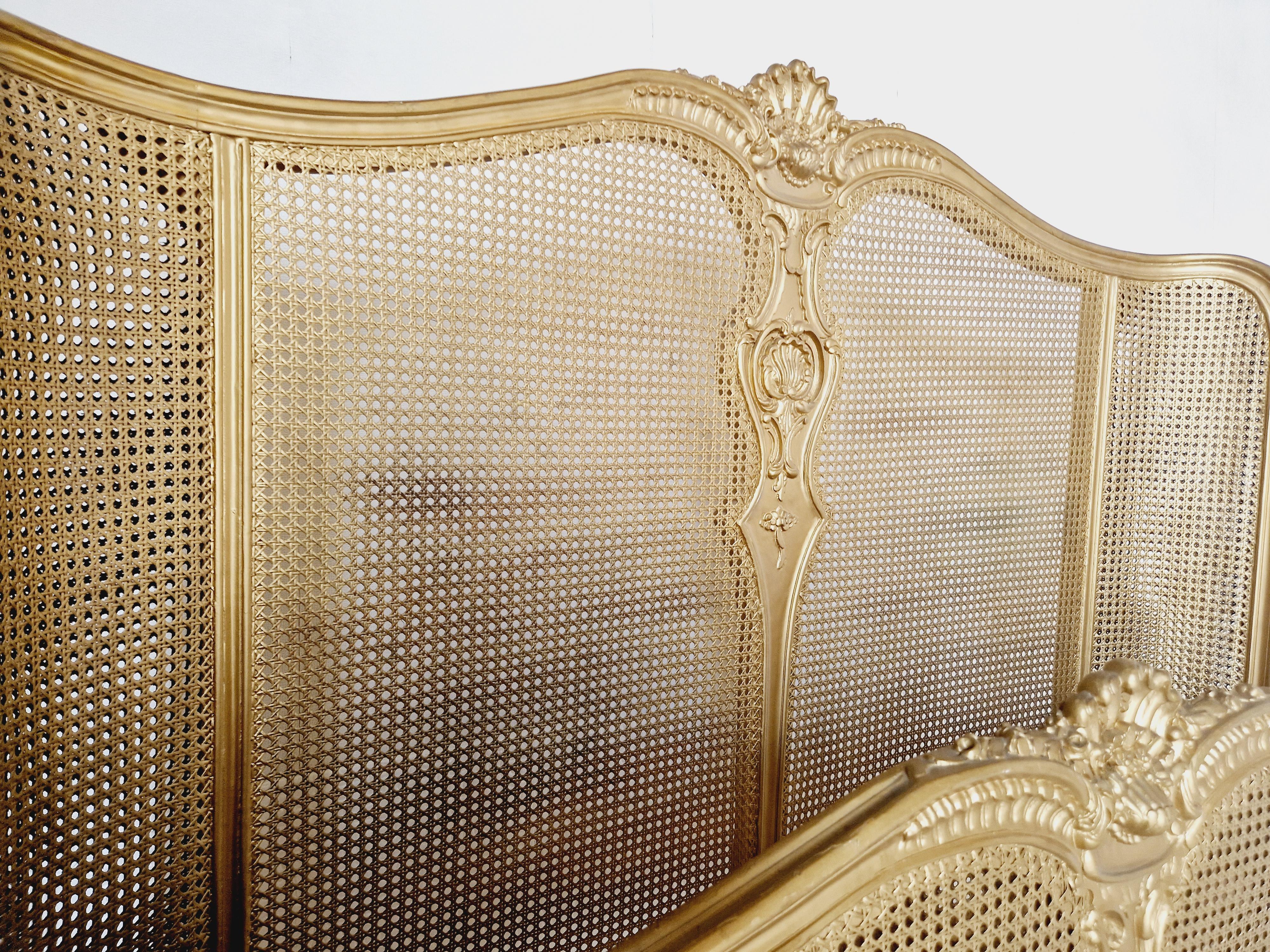 French Cane Bed Louis XV Style in Gold Lacquer In Good Condition For Sale In Buxton, GB