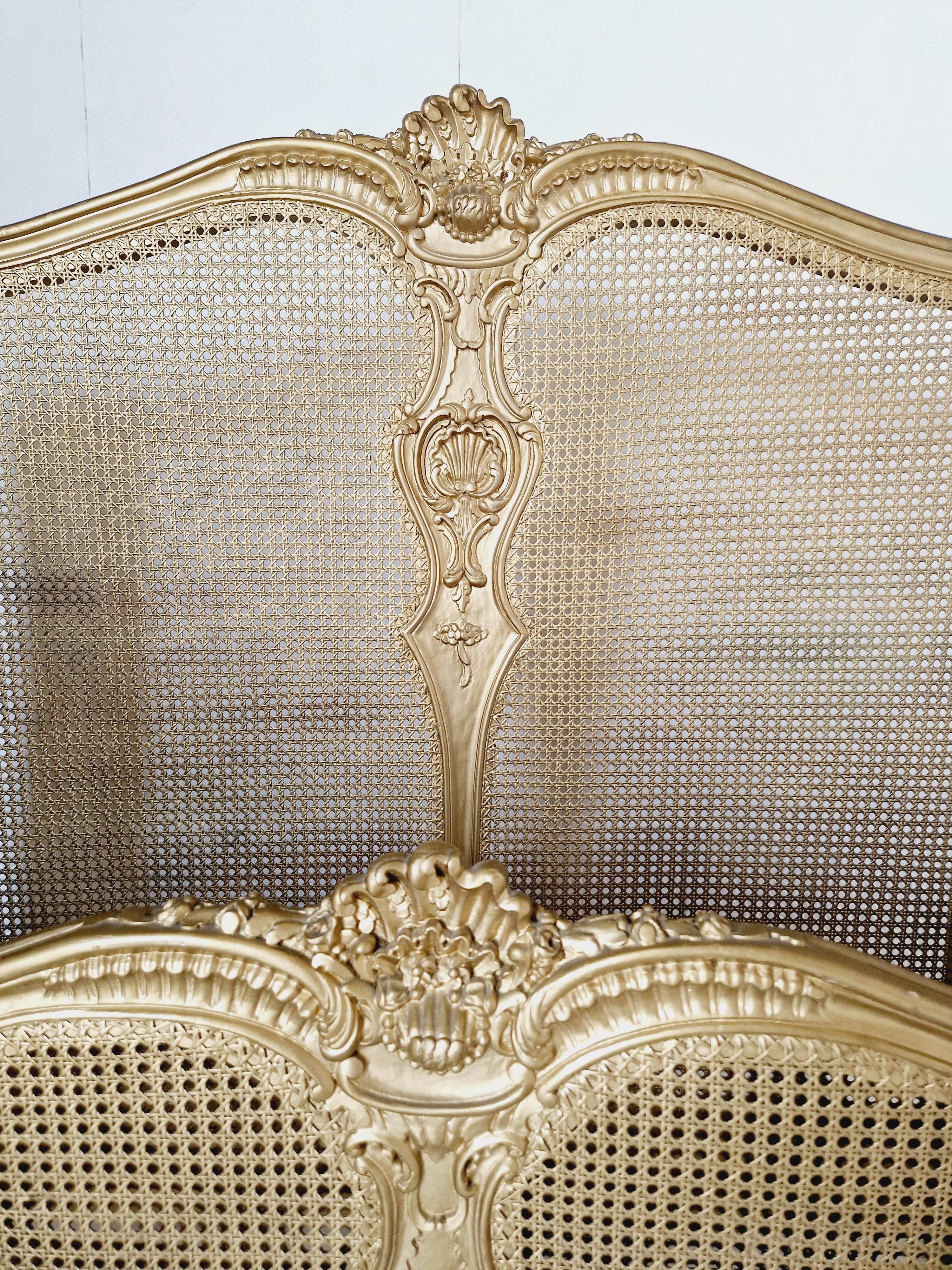 French Cane Bed Louis XV Style in Gold Lacquer For Sale 2